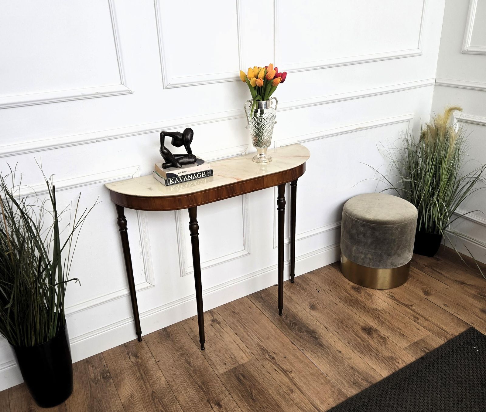 1950s Midcentury Italian Wood Brass Wall Console Table With Marble Top photo for sale