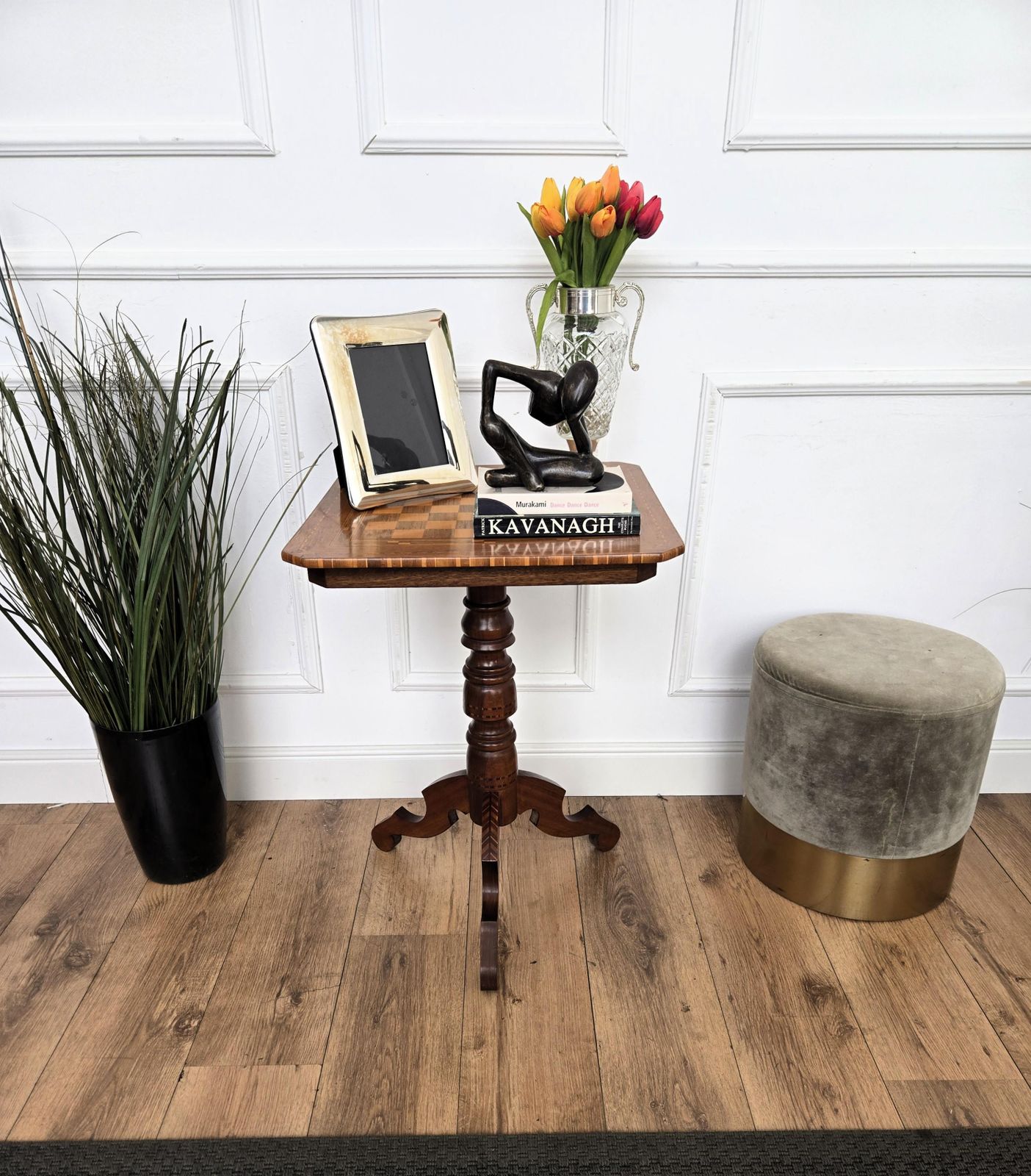 Neoclassical Italian Biedermeier Walnut Inlay Tripod Chess Games Or Side Table photo furniture
