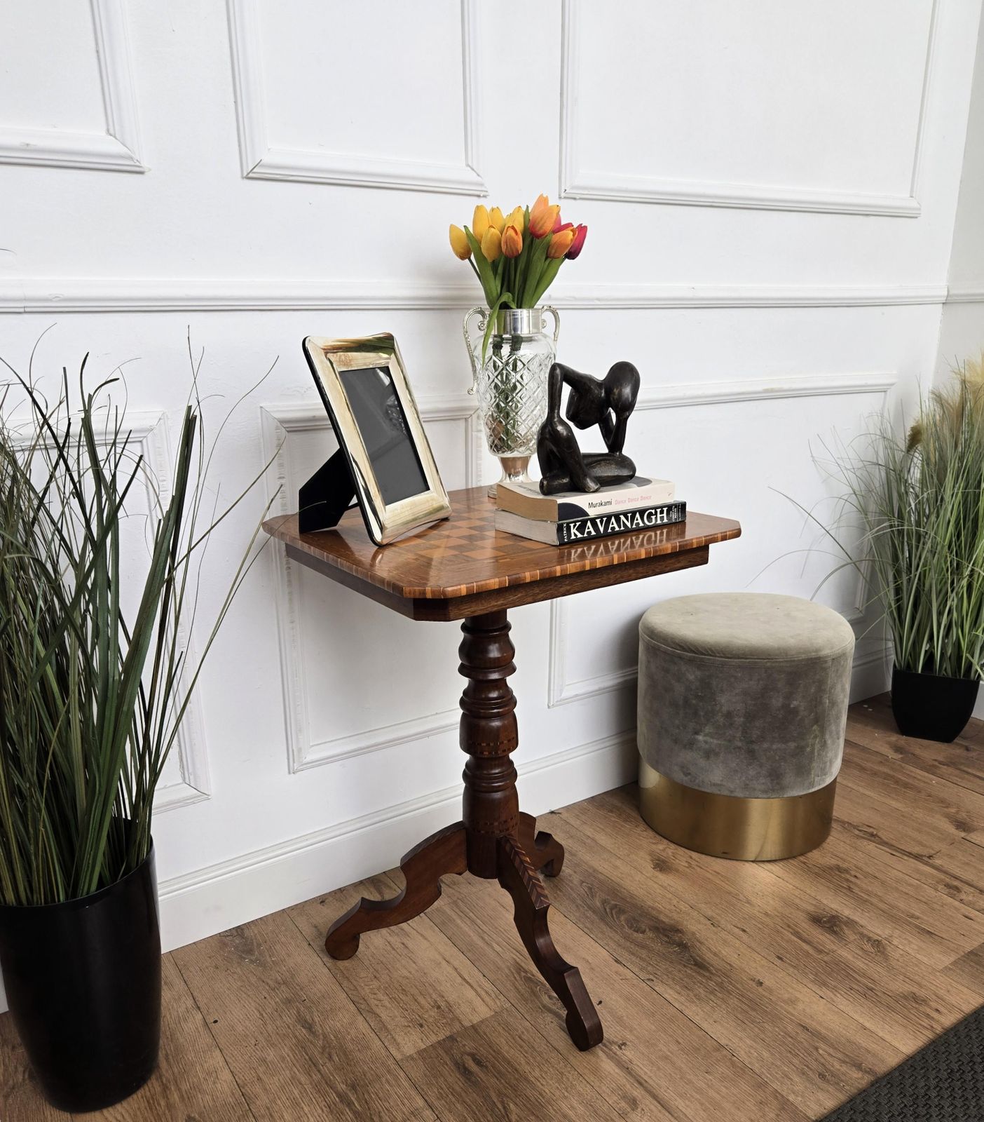 Neoclassical Italian Biedermeier Walnut Inlay Tripod Chess Games Or Side Table photo Furniture