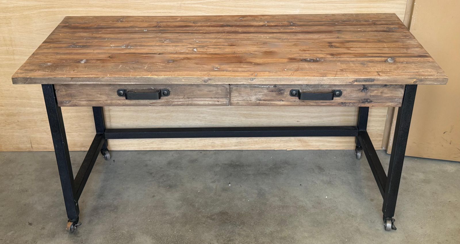 Pine Industrial Work Or Desk Table With Metal Legs, Drawers And Wheels photo Furniture