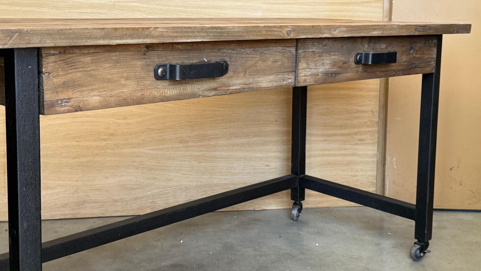 Pine Industrial Work Or Desk Table With Metal Legs, Drawers And Wheels photo buy
