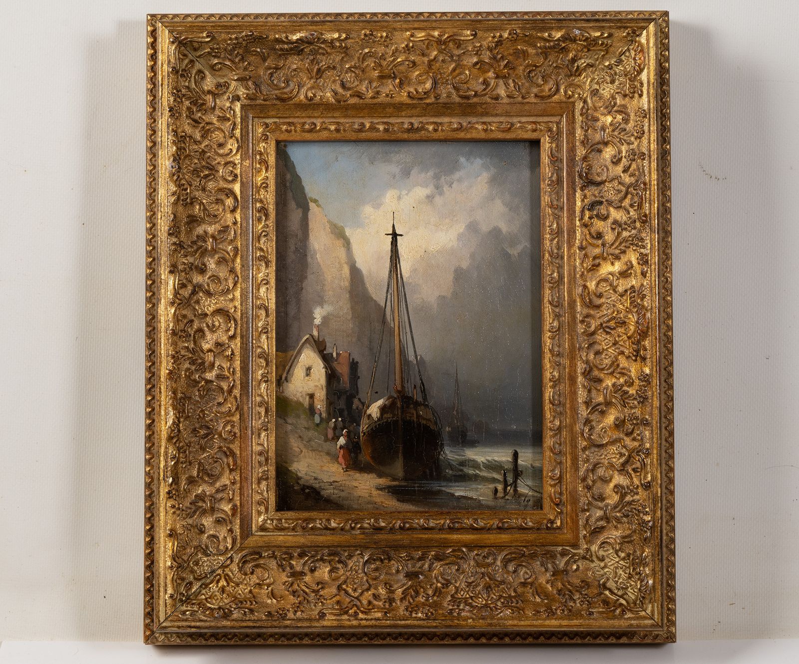 French Marine Oil Painting, Boats On The Shore Coastal Landscape, 19th Century photo furniture