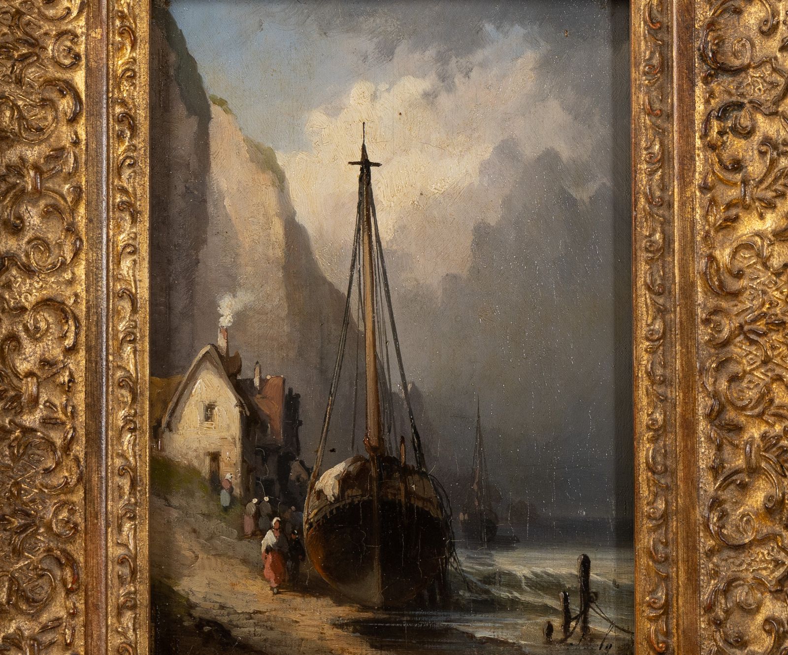 French Marine Oil Painting, Boats On The Shore Coastal Landscape, 19th Century photo for sale