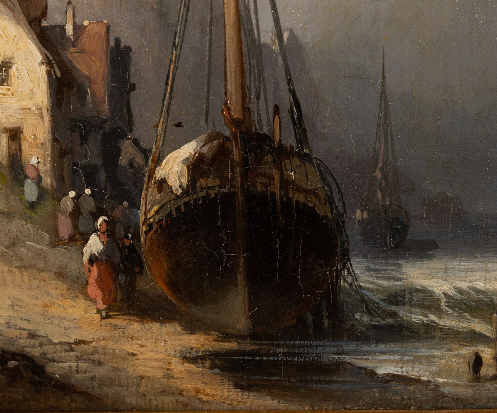 French Marine Oil Painting, Boats On The Shore Coastal Landscape, 19th Century photo Art