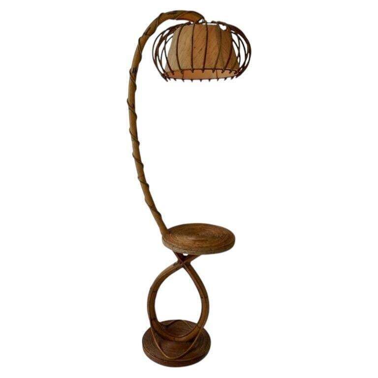 French Bamboo & Rattan Floor Lamp, Attributed To Louis Sognot, 1960s