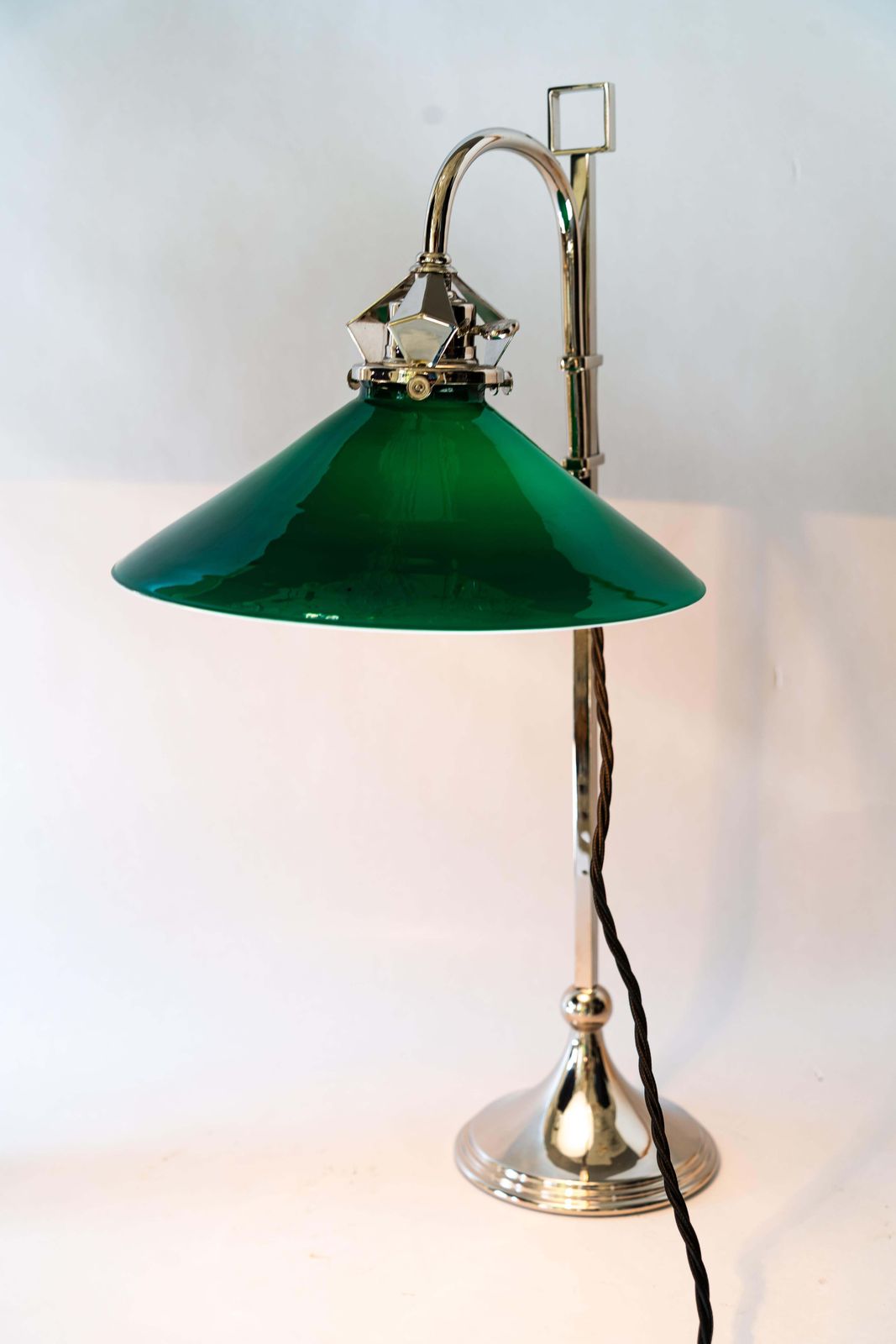 Lighting Art Deco Nickel Plated Table Lamp With Original Green Opaline Glass Shade 1920s photo