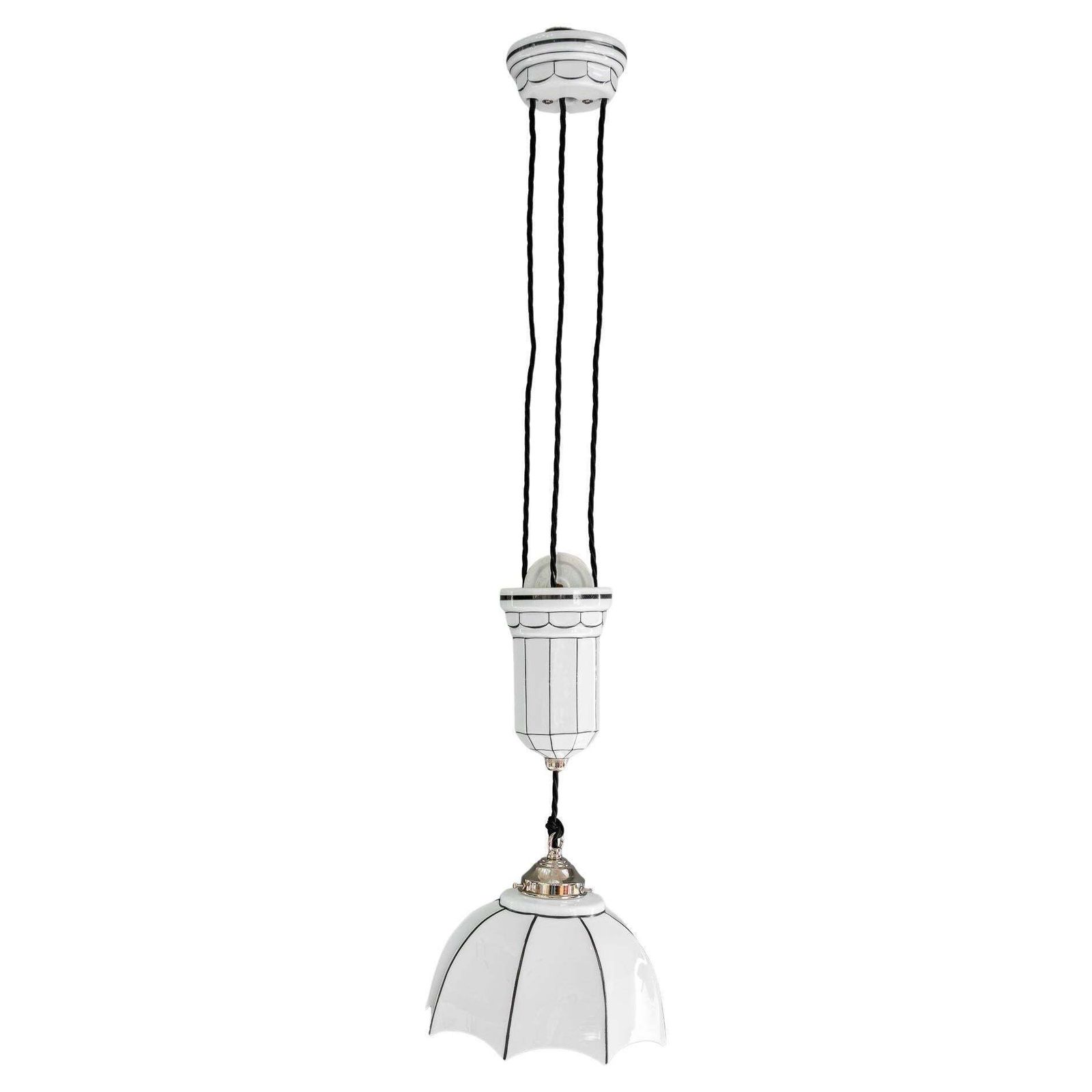 Adjustable Bauhaus Porcelain Pendant With Opal Glass Shade Vienna Around 1920s