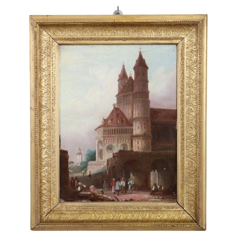 Worms Cathedral, Oil Painting On Board, 19th Century, Framed