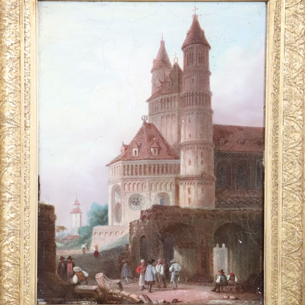 Worms Cathedral, Oil Painting On Board, 19th Century, Framed photo Art