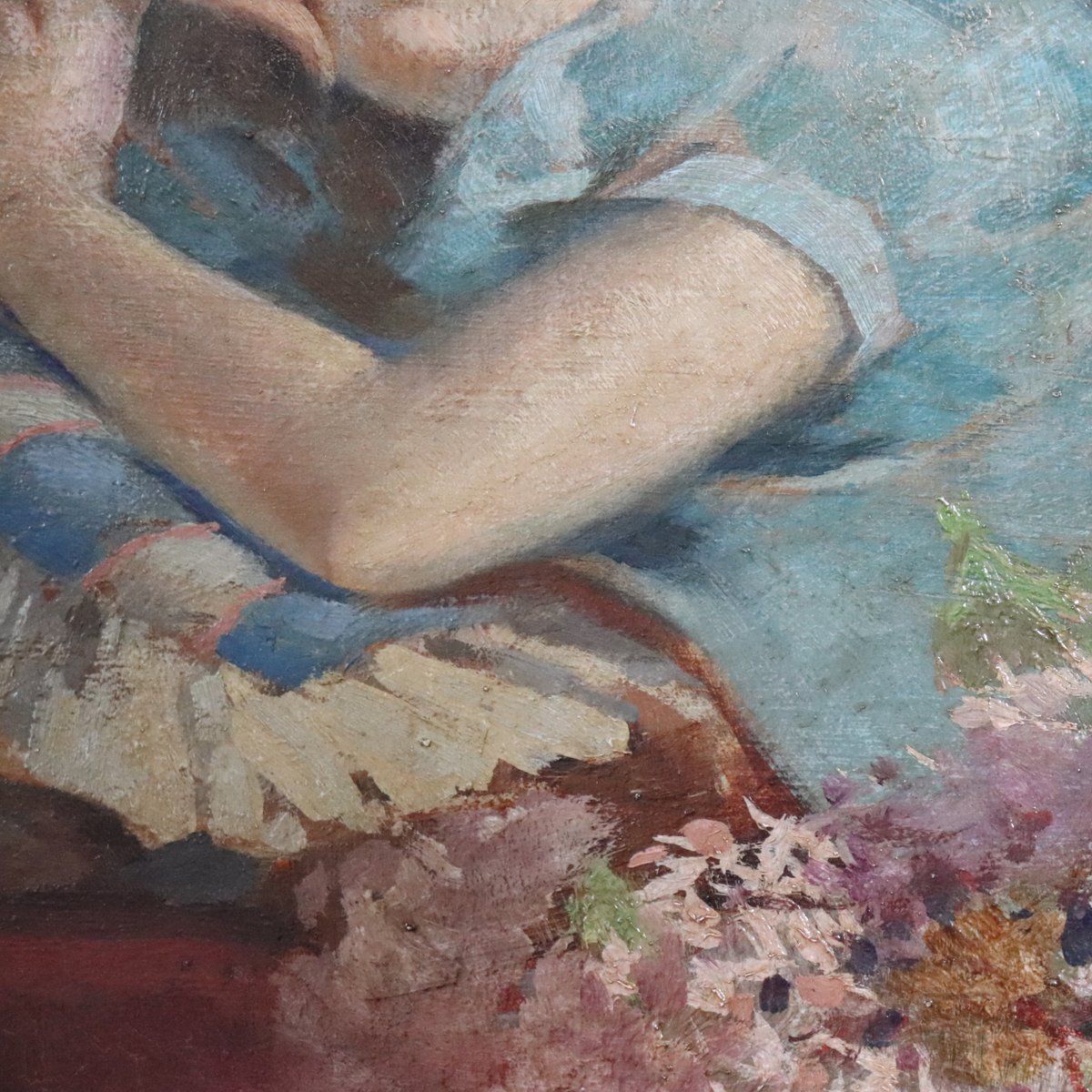 photo vintage A. Villa, Girl Lying Down, Oil Painting On Board, Late 19th Century, Framed
