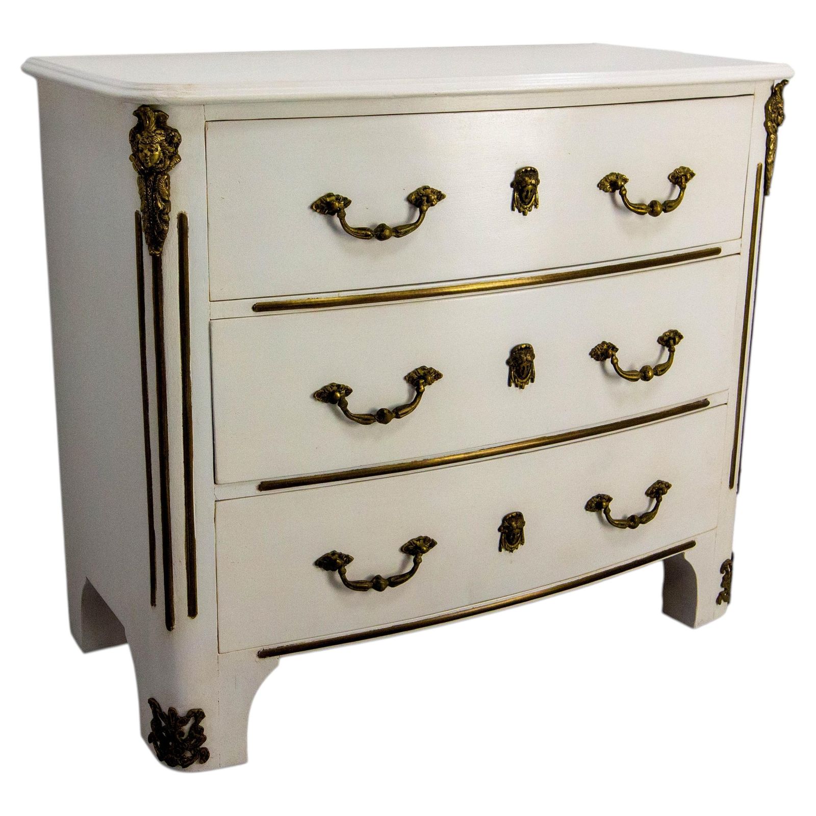 French White Commode Louis XVI Style Chest Of Drawers  Elm & Bronze, 20th Mid C