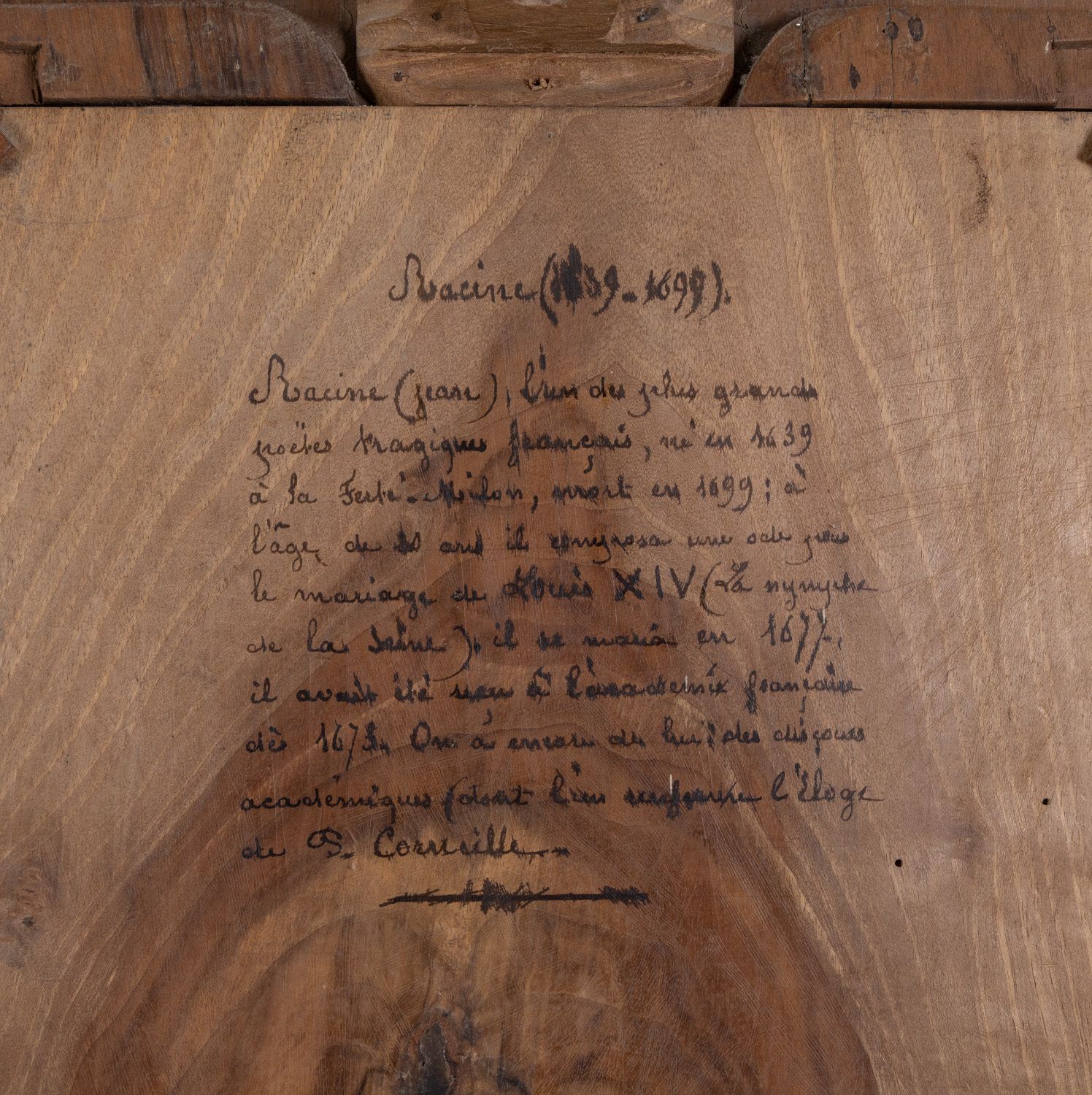 photo furniture Exceptional French Hand Carved Walnut Relief Panel Depicting The Playwright Jean Racine (1639–1699), Signed And Dated 1889