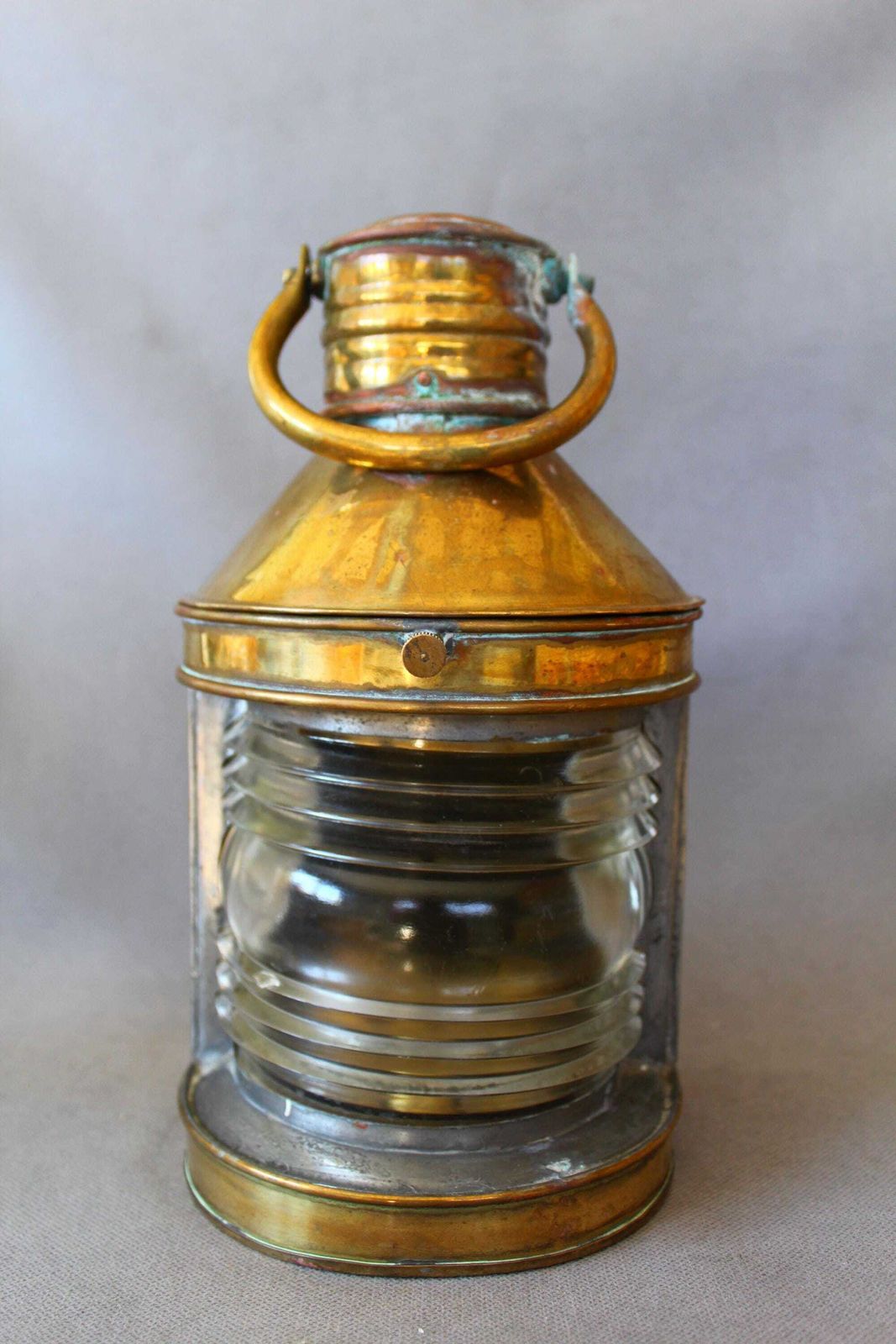 Large Antique Brass Marine Lamp With Glass Fresnel Lens, Was Converted To Electric But Needs Rewiring, Navigational Ship, Country Farmhouse photo furniture