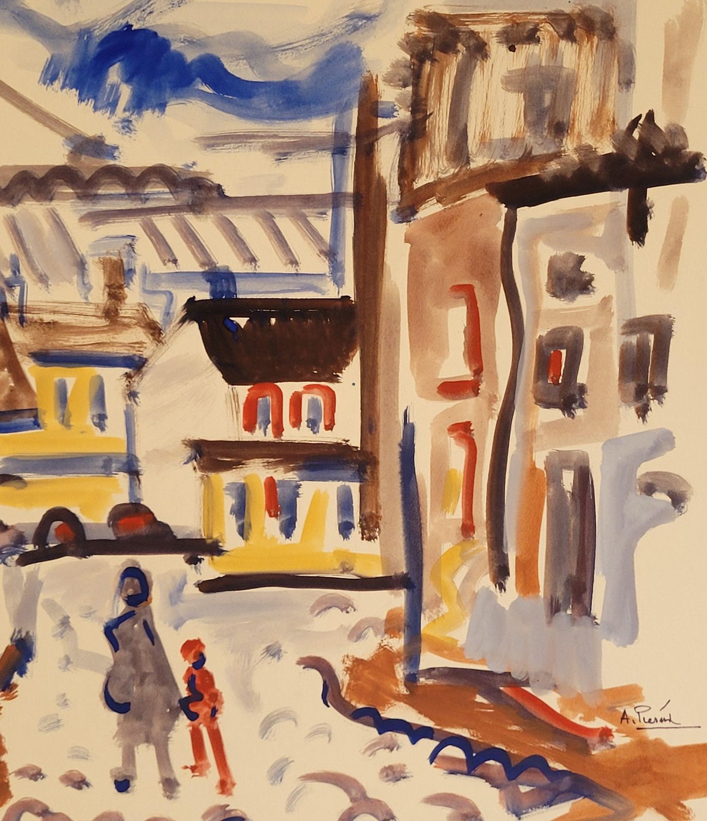 Abstract Expressionist French Urban Scene. Gouache On Paper. 50cm X 65cm From 1976 By André Pierard photo Art