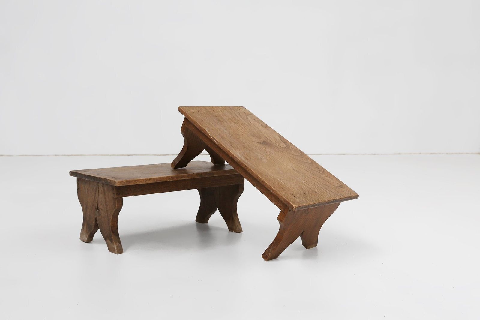 photo furniture Small Rustic Wooden Stool With Curved Base, France, 1900s