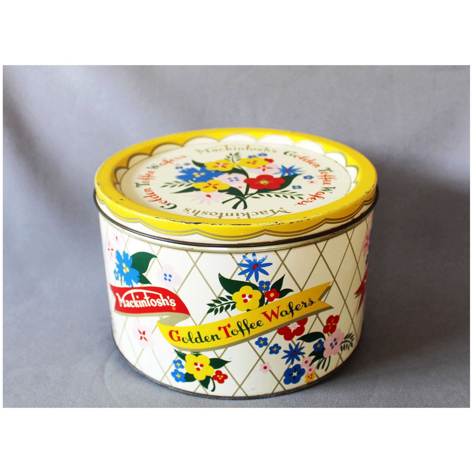 Vintage 1960s Mcm Large Mackintosh Golden Toffee Wafers Round Tin Metal Box, 5 Lb, Retro Mid Century Flower Power, Bright Yellow England