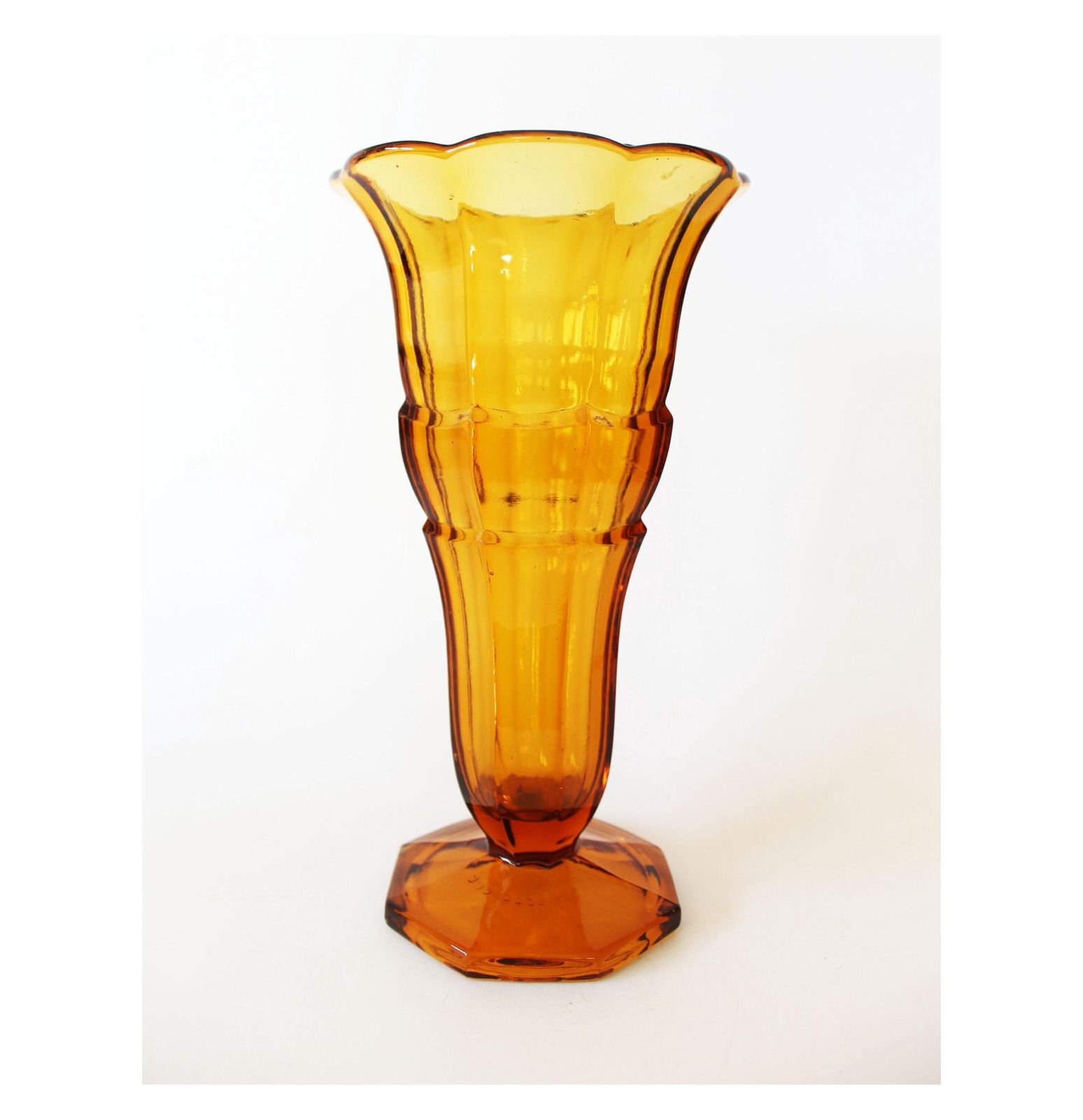 Tall Vintage Art Deco Amber Glass Vase, Pressed Glass, Tulip Vase, Trumpet Vase, Scailmont Belgium