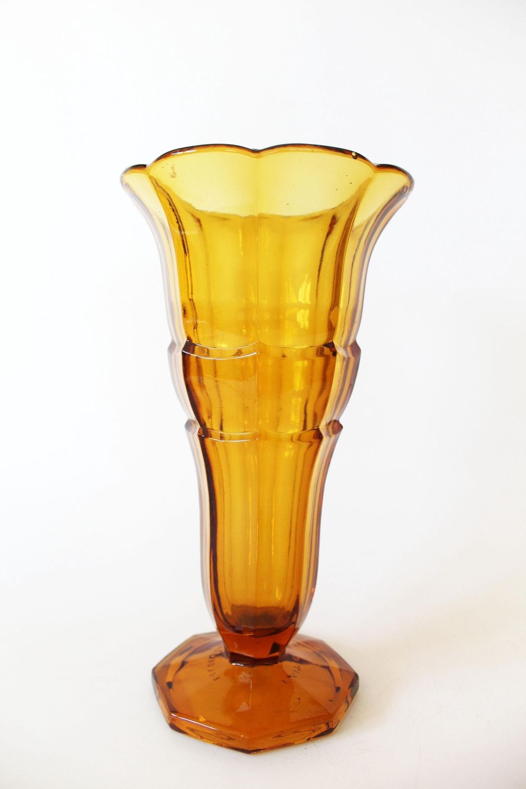 photo for sale Tall Vintage Art Deco Amber Glass Vase, Pressed Glass, Tulip Vase, Trumpet Vase, Scailmont Belgium