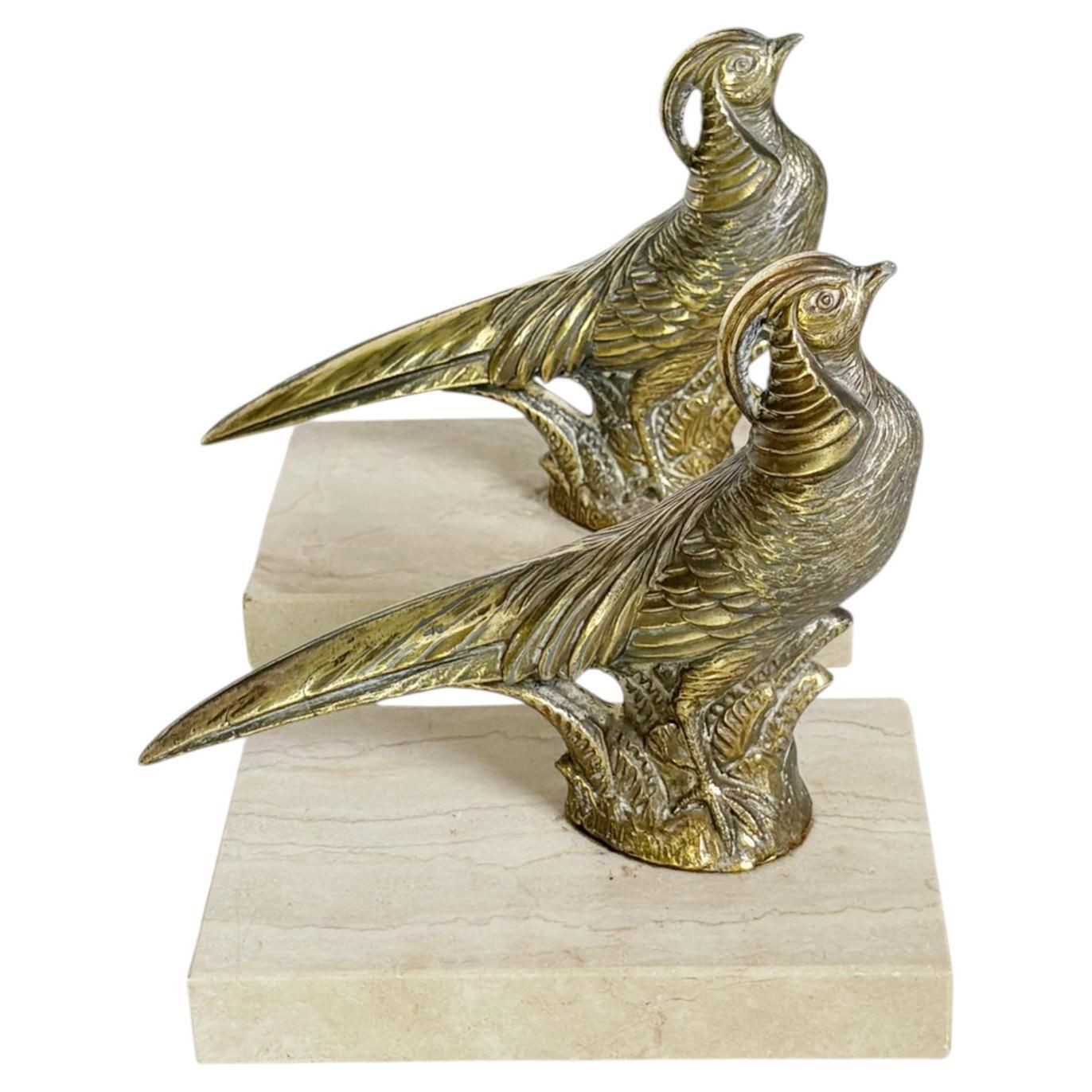 Pair Of Rooster Bookends, Marble, Brass, France, 1950