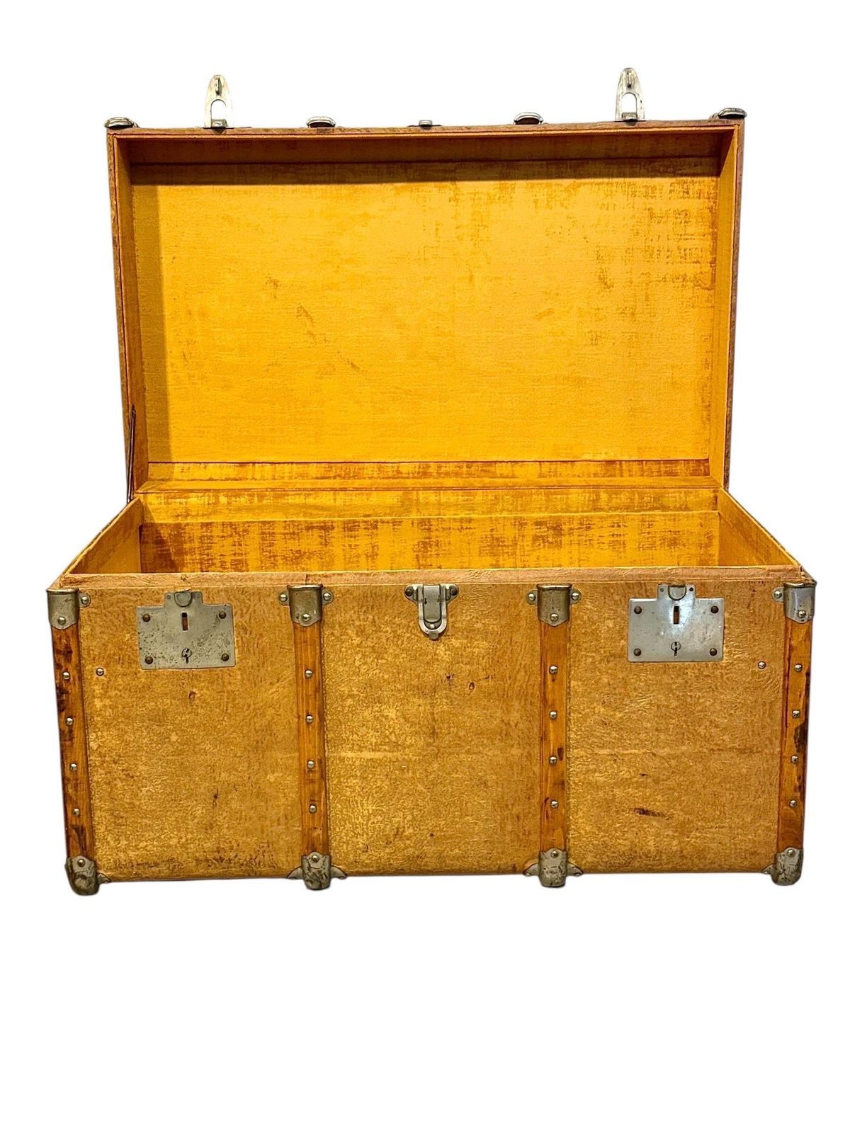 Furniture 19th Century Wood And Leather Travel Trunk With Velvet Interior photo
