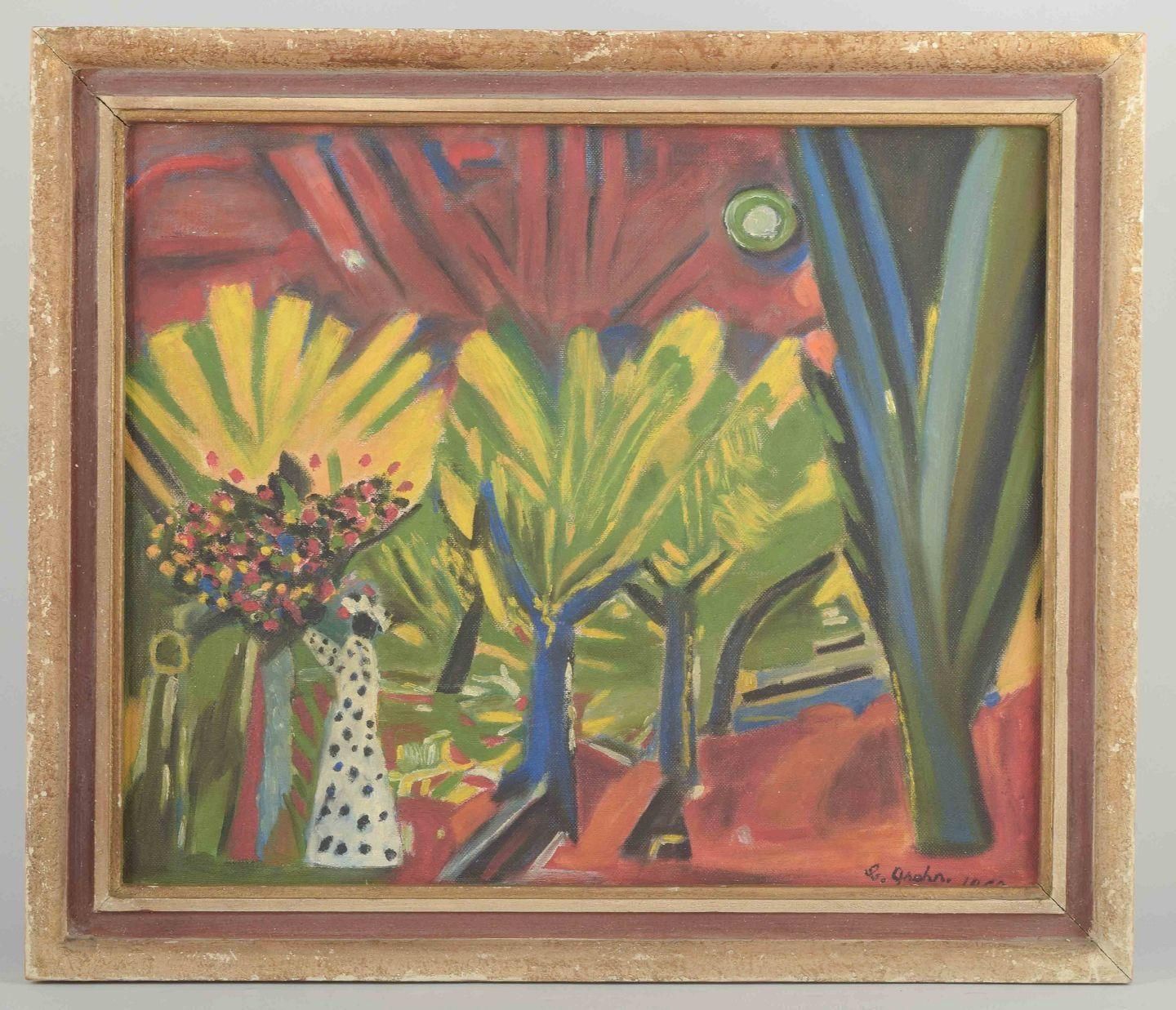 C. Grahn. Abstract Composition With Trees And Figure. Oil On Panel. 1958 photo furniture