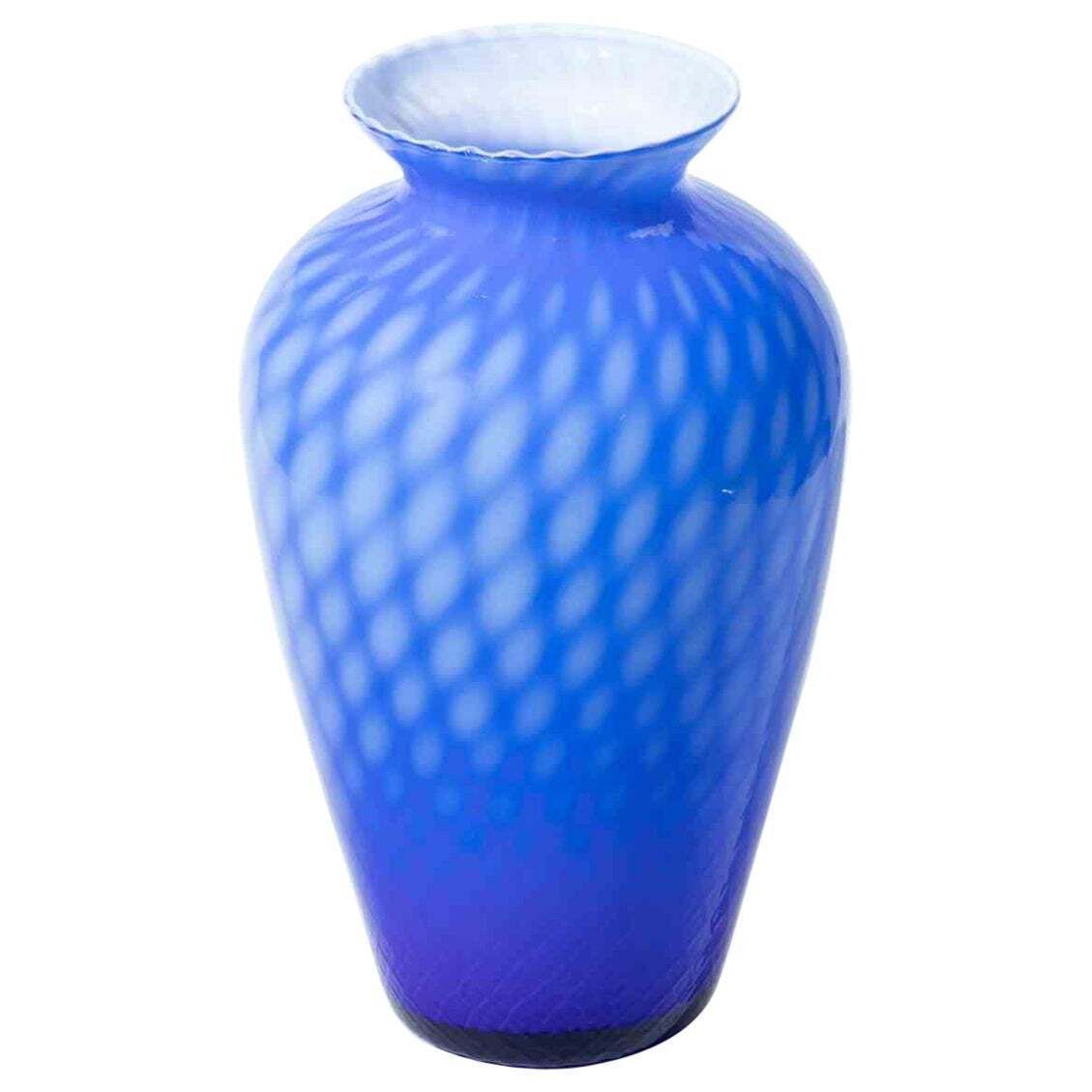 Murano Blue Art Glass Vase With Optic Pattern & Ruffled Rim, 1970s