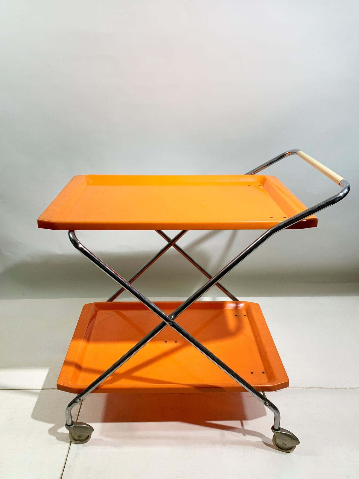 Space Age Italian Folding Bar Cart In Vibrant Orange And Chrome, 1970s photo for sale