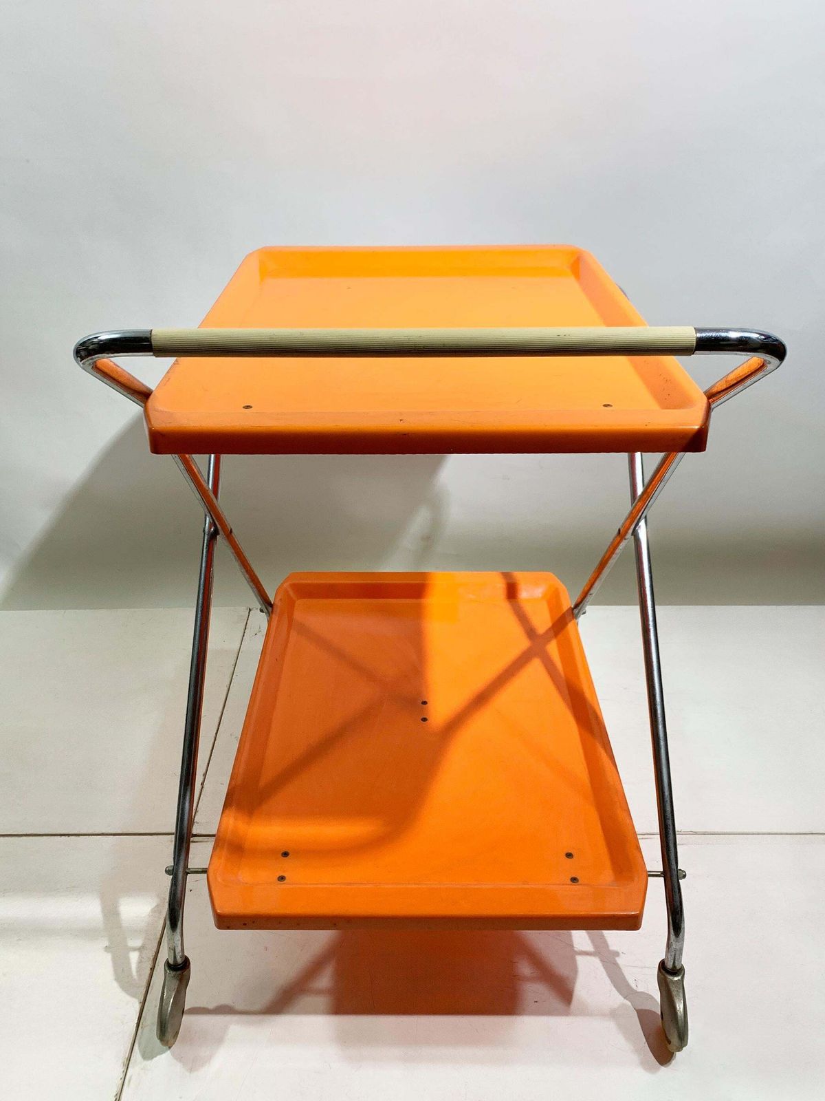 Space Age Italian Folding Bar Cart In Vibrant Orange And Chrome, 1970s photo vinterior