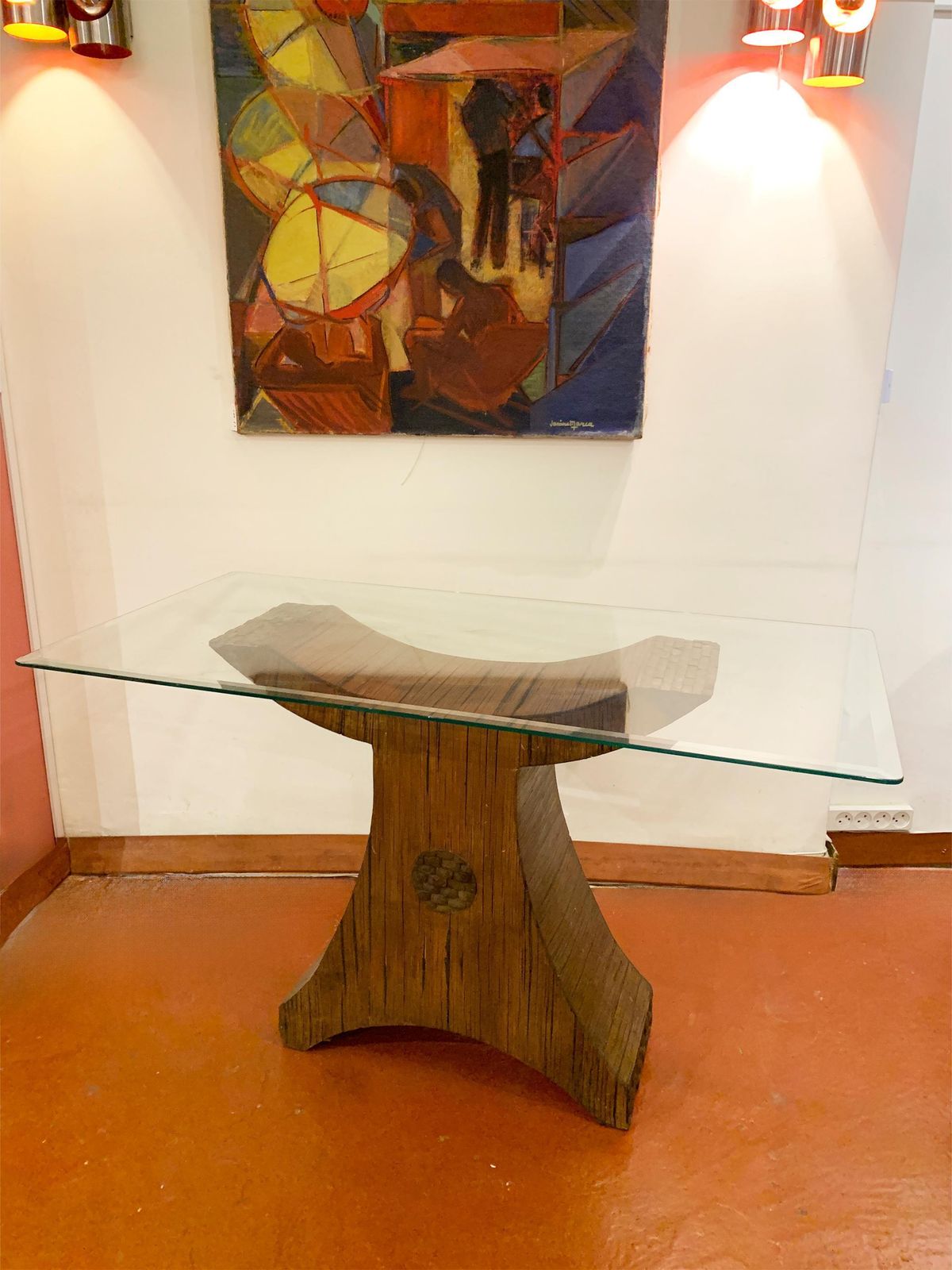 Postmodern Sculptural Pencil Reed & Glass Console Table With Wood Inlay, 1970's photo furniture