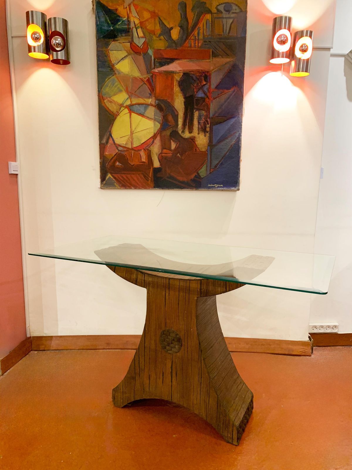 Postmodern Sculptural Pencil Reed & Glass Console Table With Wood Inlay, 1970's photo Furniture