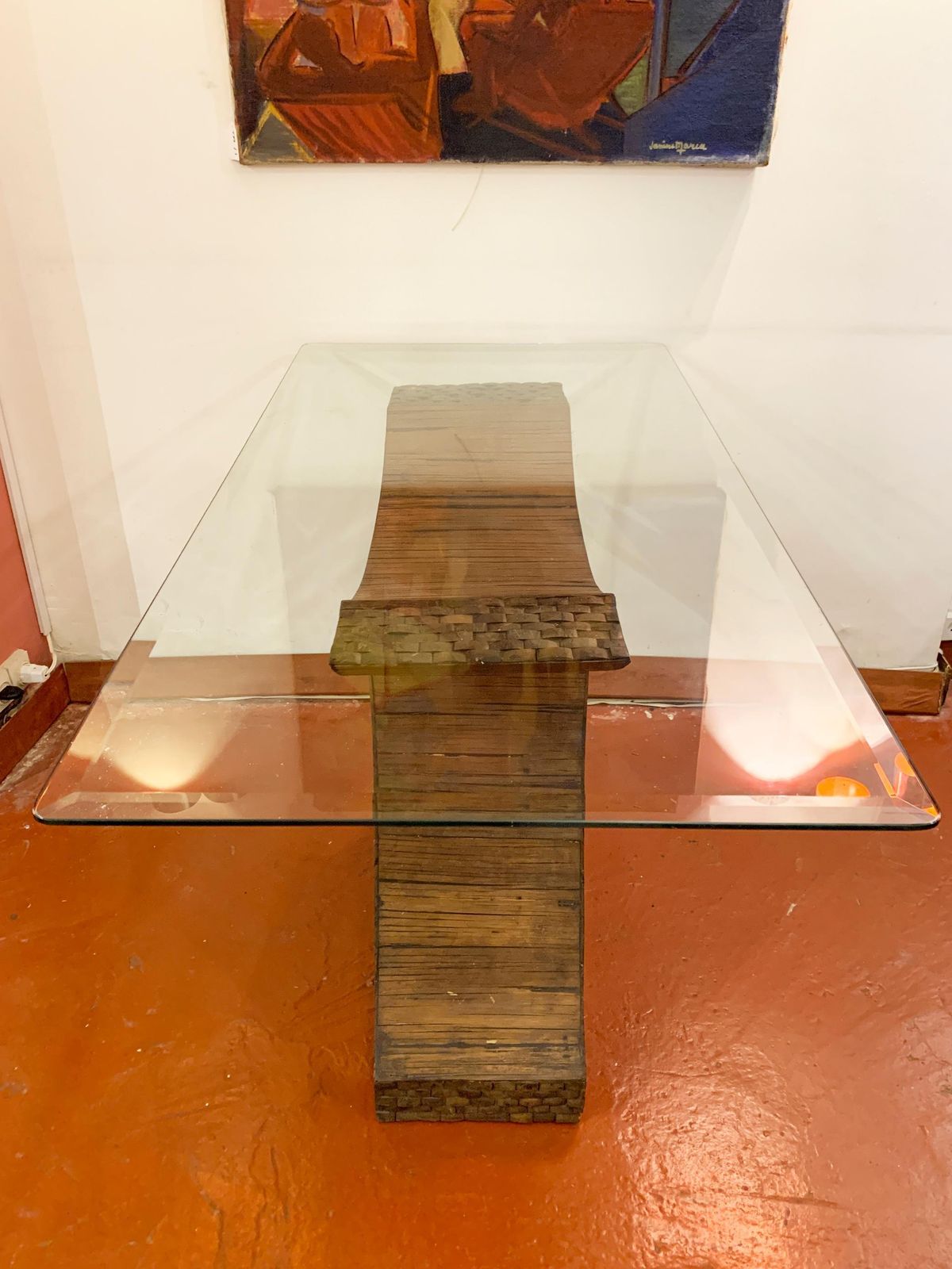 photo vinterior Postmodern Sculptural Pencil Reed & Glass Console Table With Wood Inlay, 1970's
