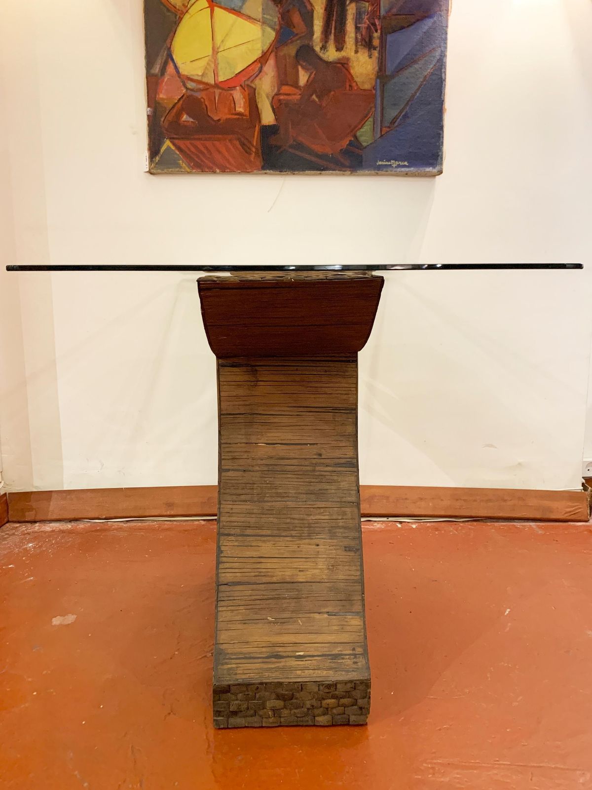 photo buy Postmodern Sculptural Pencil Reed & Glass Console Table With Wood Inlay, 1970's