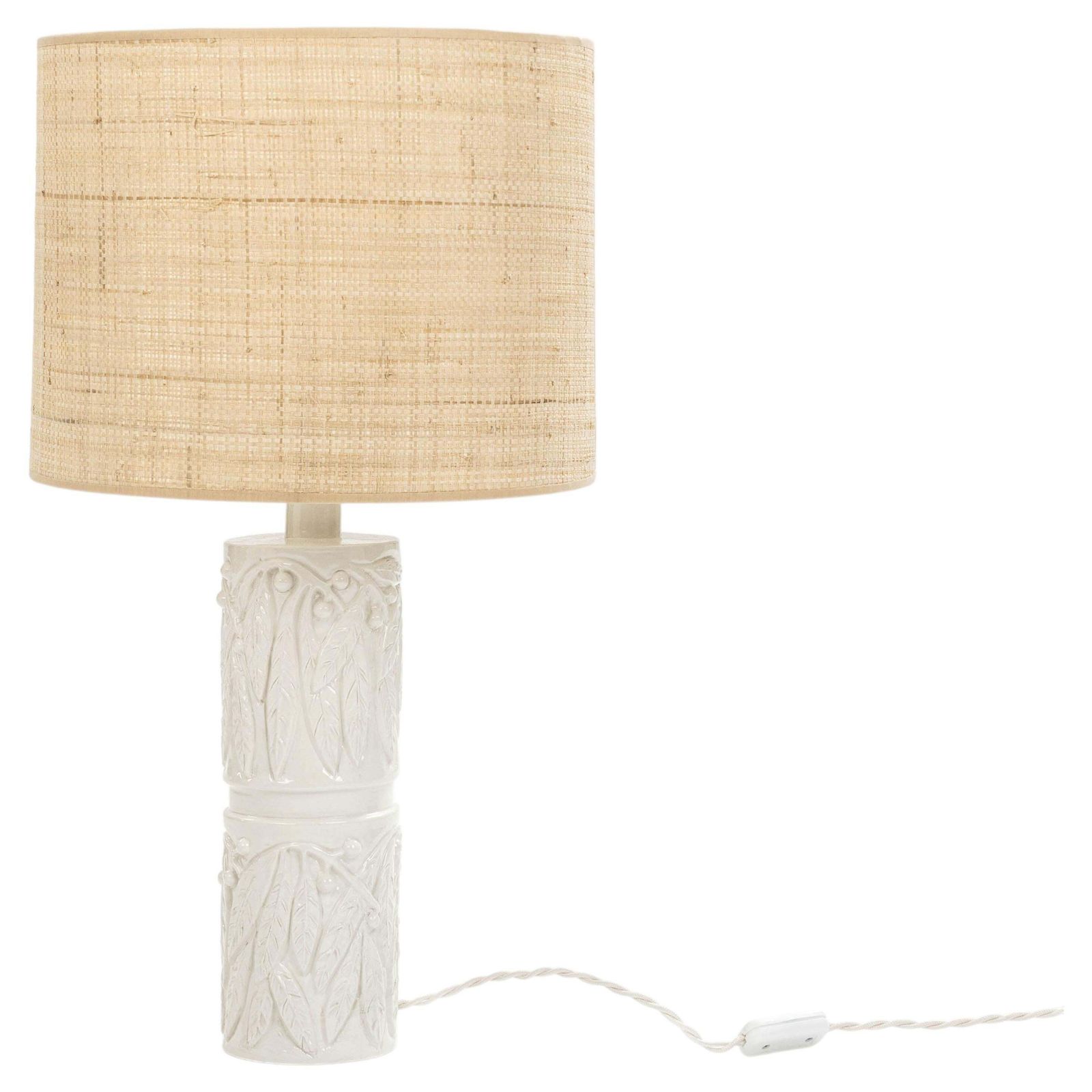 Mid Century Italian Glazed Ceramic Table Lamp With Beige Raffia Shade, 1960s