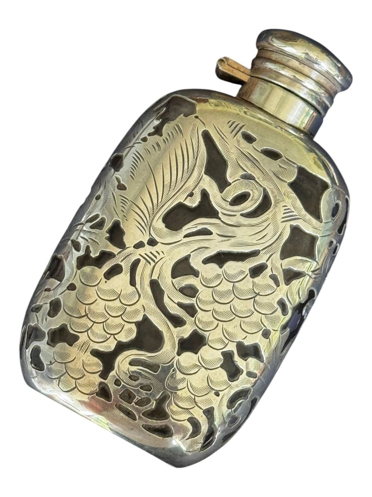 photo for sale An Early 20th Century Art Nouveau Style Silver Overlaid Glass Flask