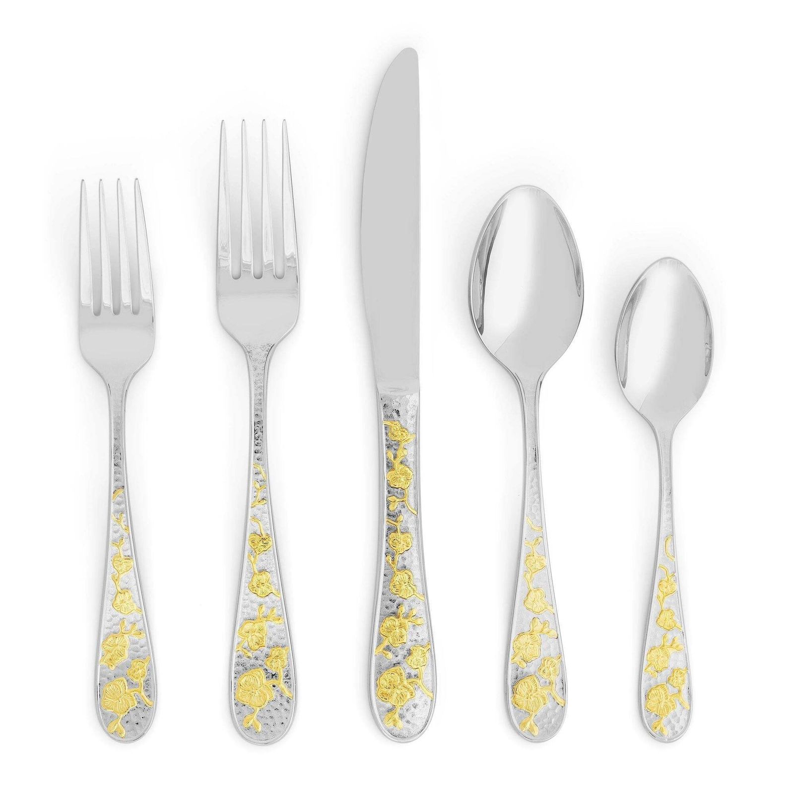 Ten Set Of 5 Piece Contemporary Gold Floral Stainless Steel Flatware photo for sale