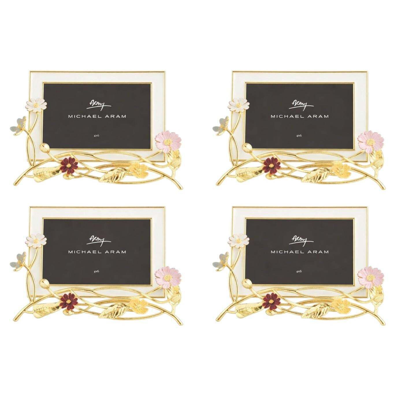 Set Of Four Decorative Flower Botanical Photo Frame In Gold Metal & Enamel
