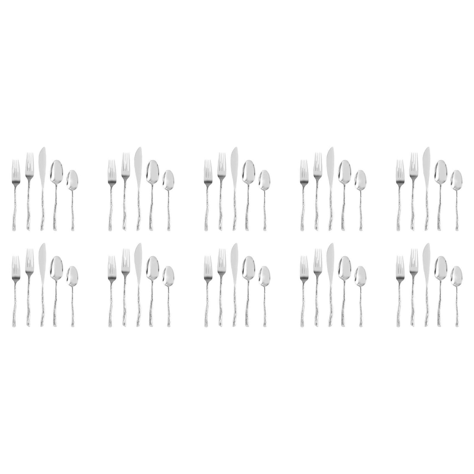 Ten Set Of 5 Piece Contemporary Silver Stainless Steel Twig Flatware