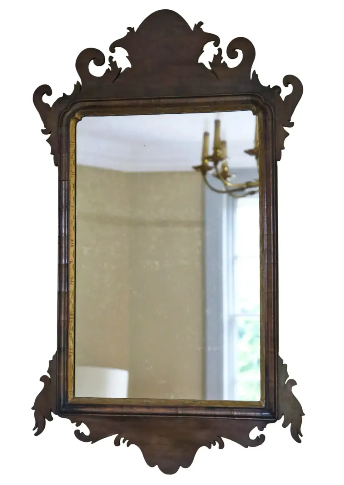 Antique C.1920 Georgian Revival Walnut And Gilt Fret Cut Overmantle/ Wall Mirror  Fine Quality photo furniture