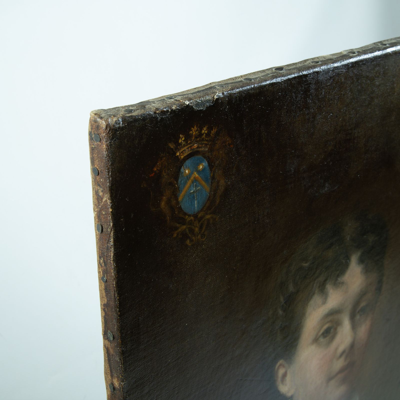 Portrait d'Alice de Retz - Peinture à l'huile française du XIXe siècle avec armoiries photo vintage
