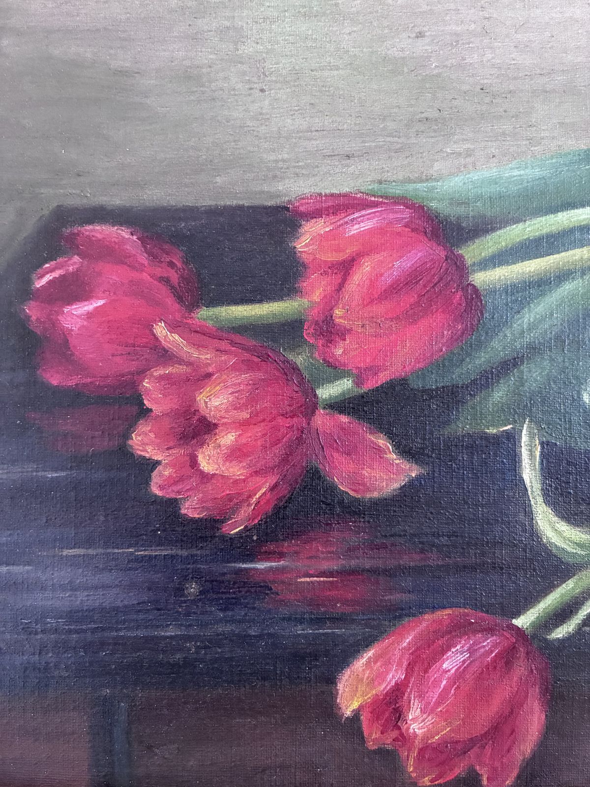 Peinture à l'huile vintage, natures mortes aux tulipes photo vinterior