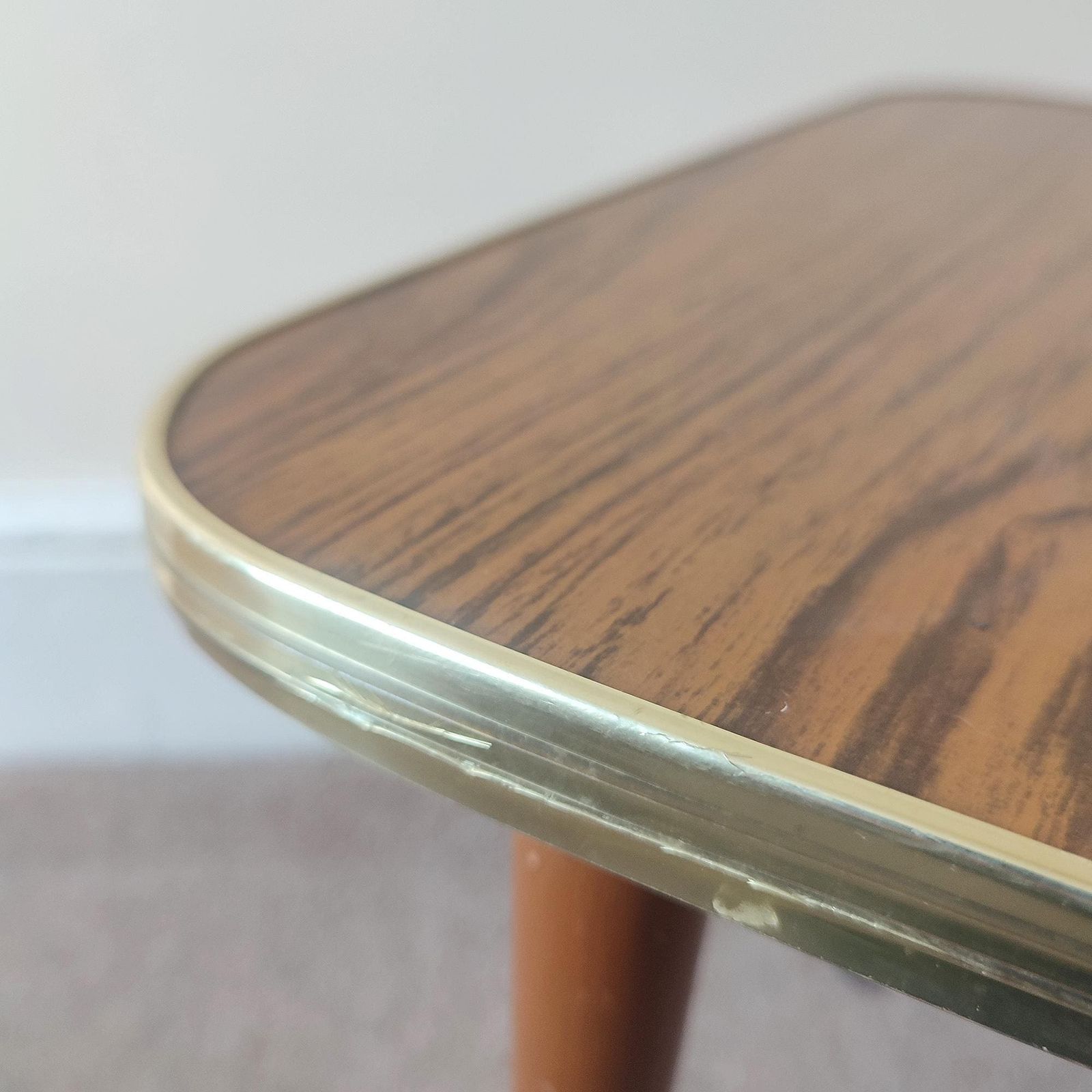 photo furniture Small Vintage Wood Grain Formica Side Table Retro Plant Table With Tapered Legs Mid Century Modern