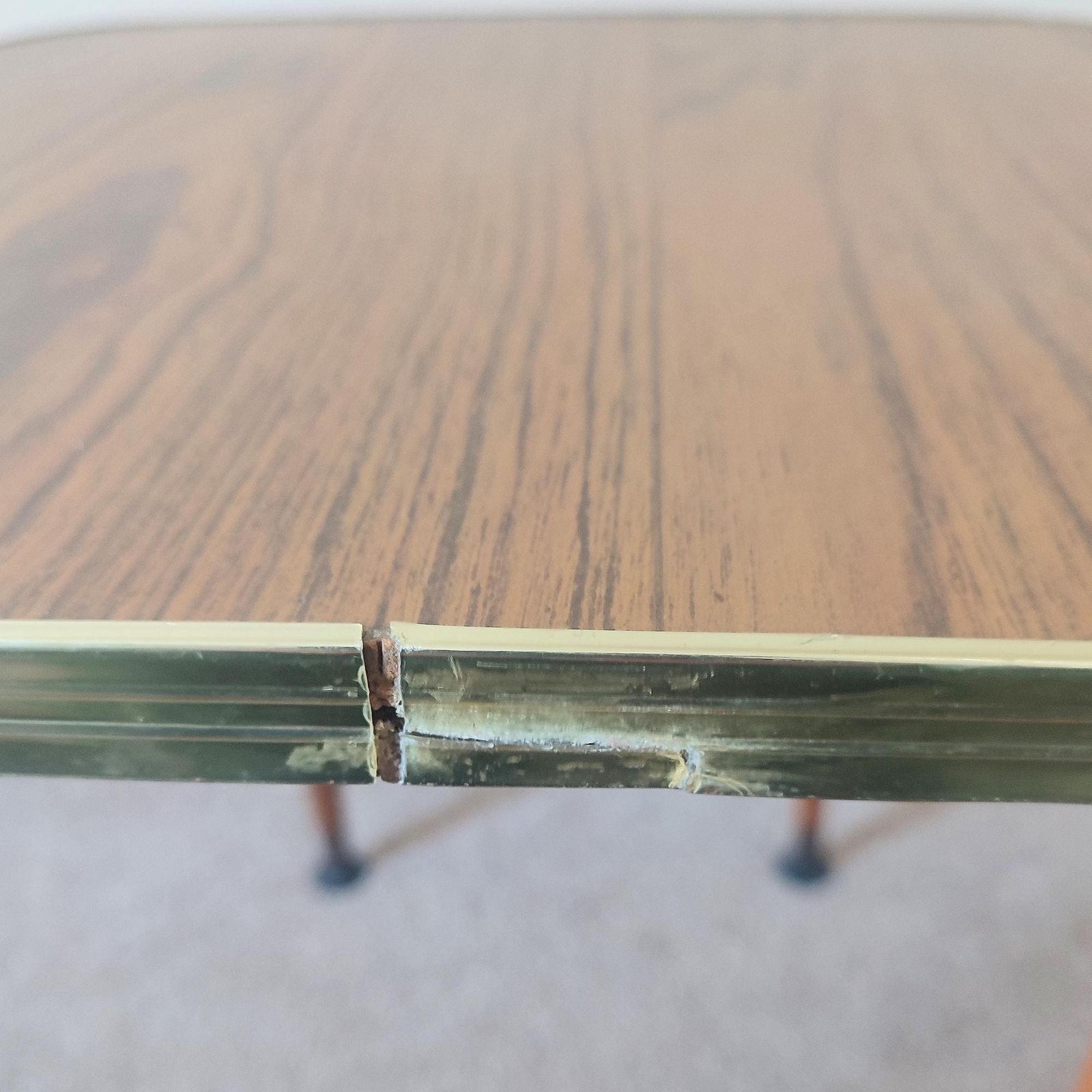 photo for sale Small Vintage Wood Grain Formica Side Table Retro Plant Table With Tapered Legs Mid Century Modern