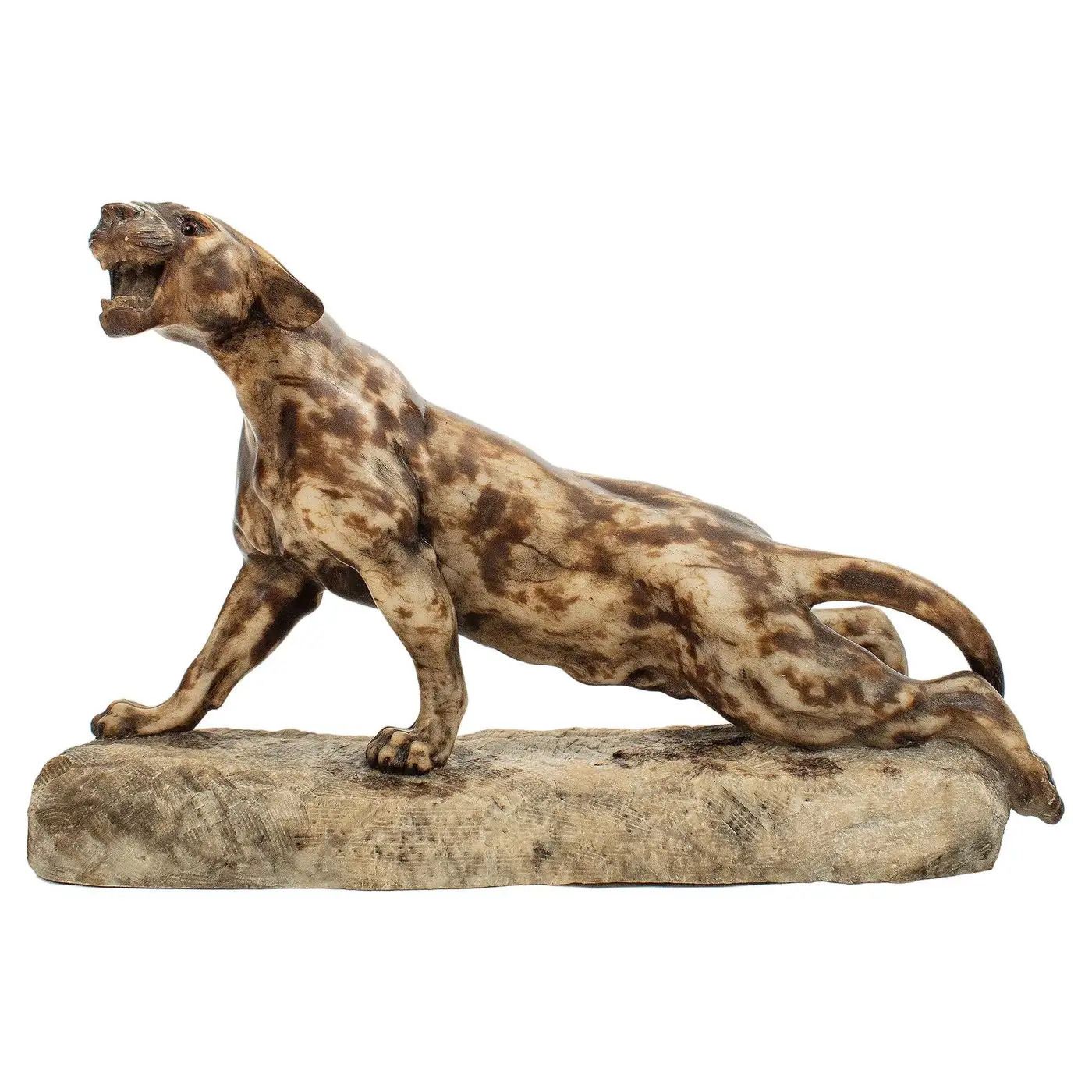 Art Deco Alabaster Sculpture Depicting A Roaring Tiger, Early 20th Century