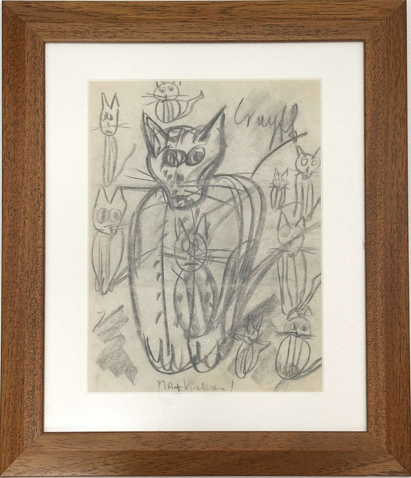 Expressive Cat Drawing Framed, Netherlands 1966 photo buy