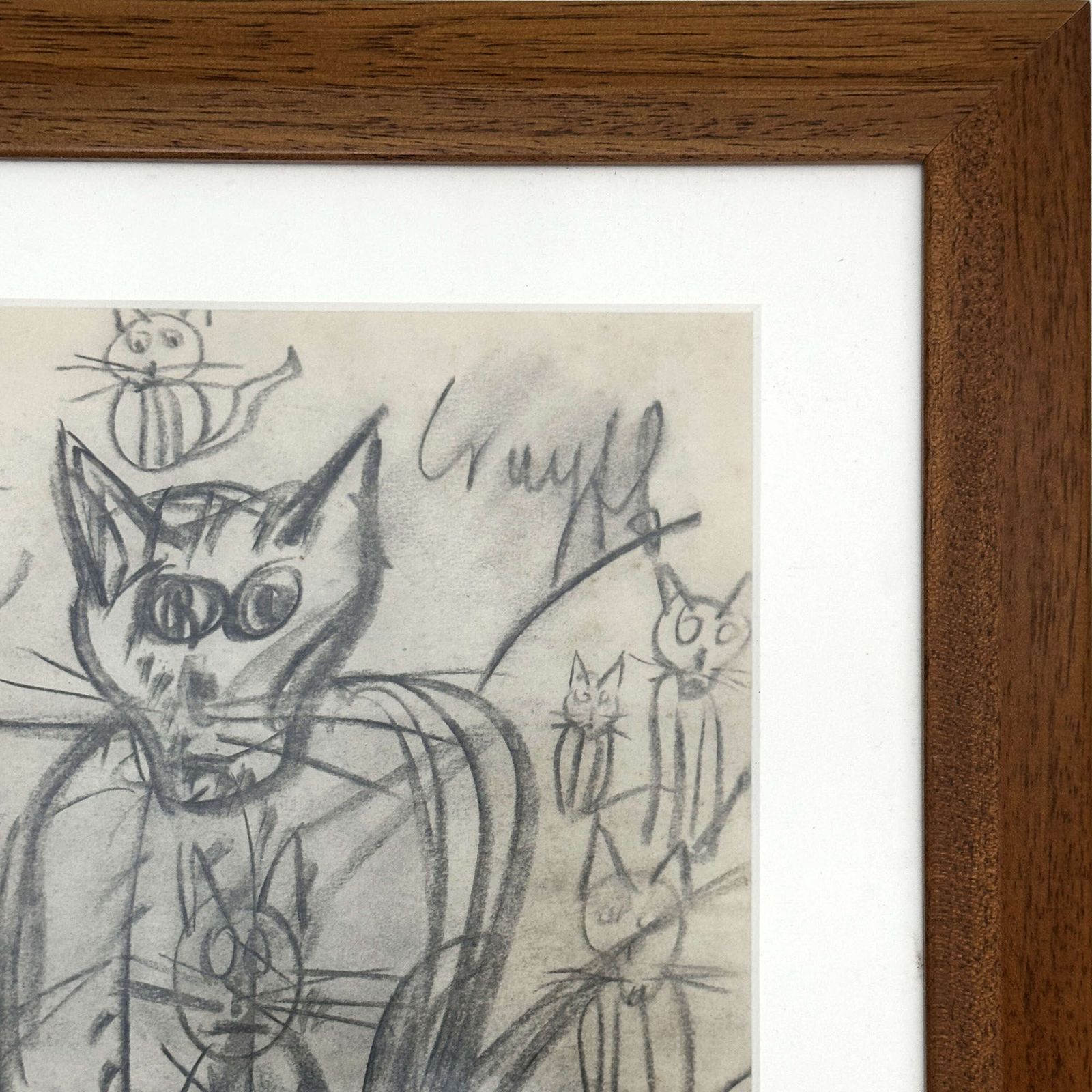Expressive Cat With Kittens Drawing Framed, Dutch 1966 photo 875.0