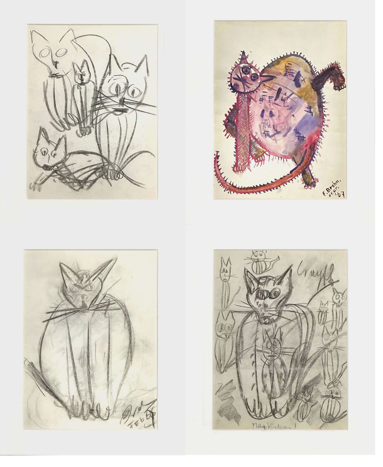 Expressive Cat With Kittens Drawing Framed, Dutch 1966 photo vinterior