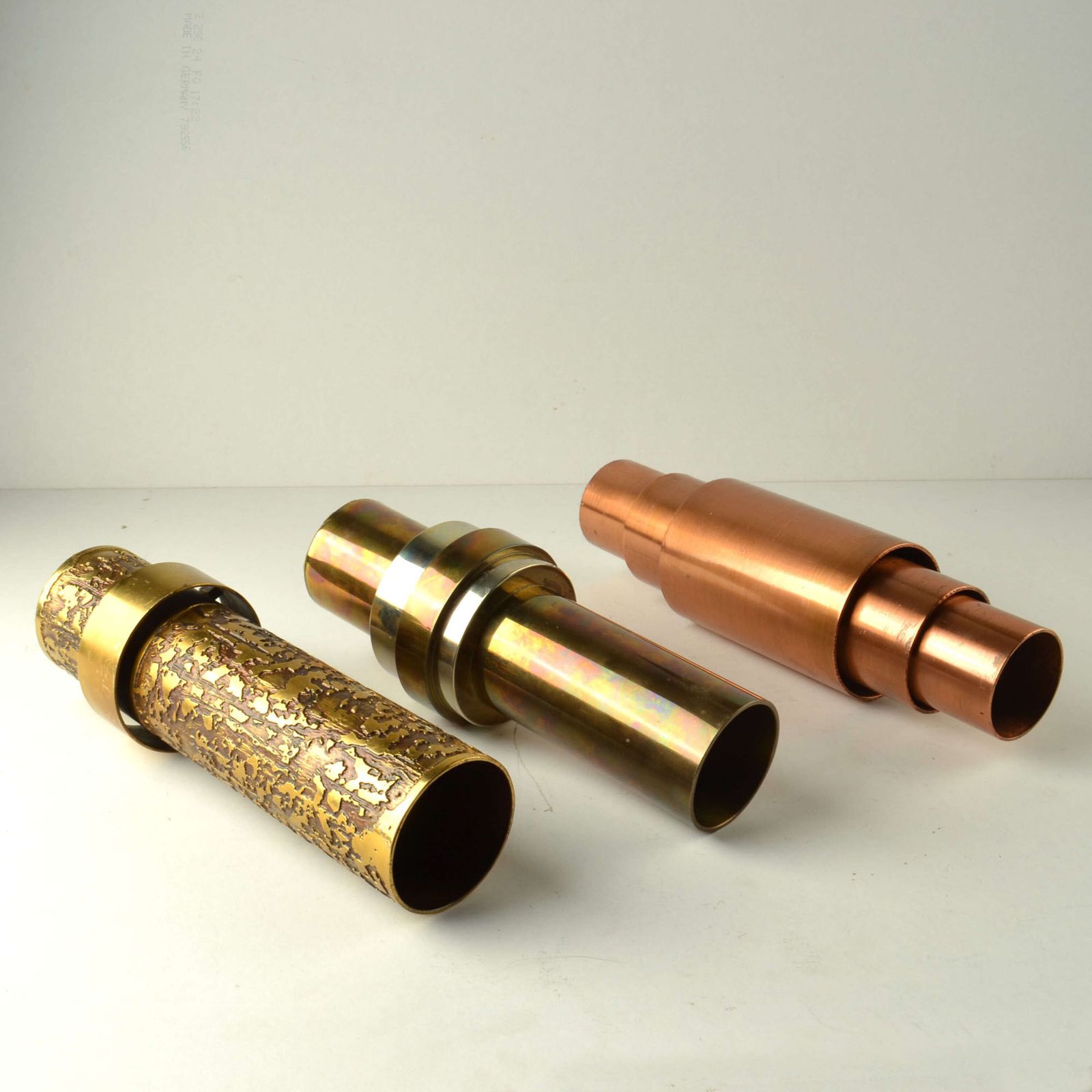 Home Decor Set Of Sculptural Cylinder Brass Vases, Germany 1970's photo