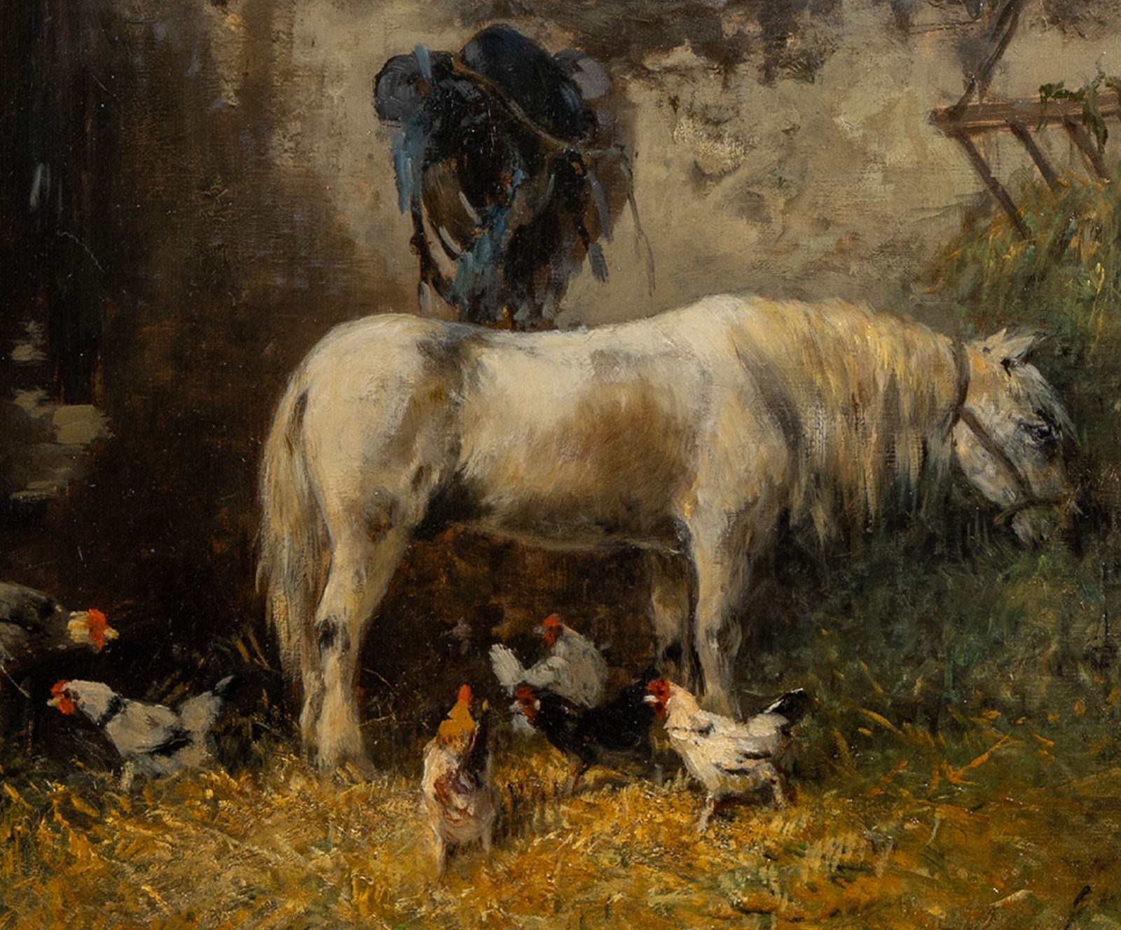 Alexandre Defaux (French, 1826–1900): “Poney à L’étable Avec Des Poules” Oil On Canvas photo furniture