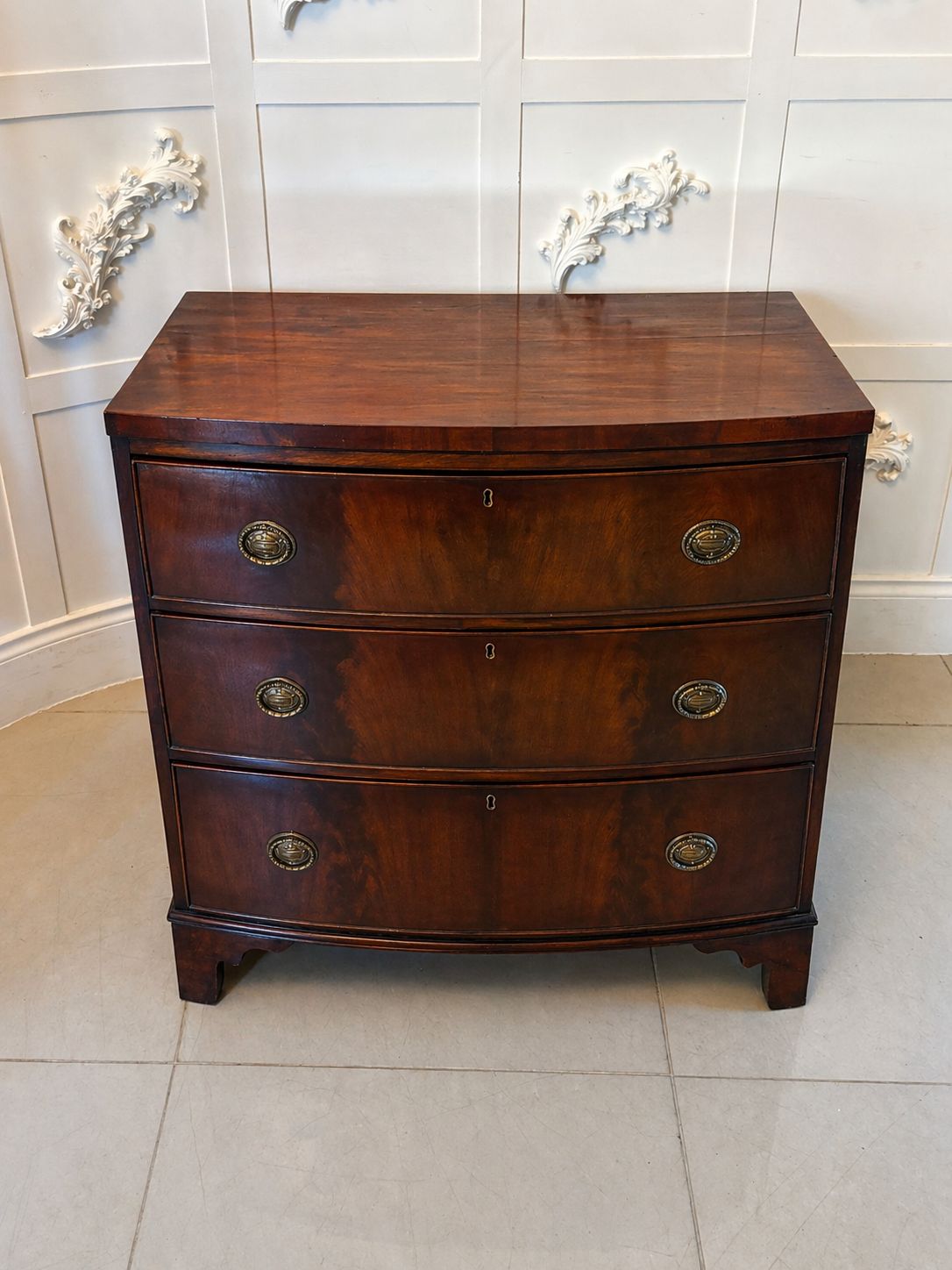 Antique 19th Century Bow Front Chest Of Drawers Figured Mahogany Brass Handles photo Furniture