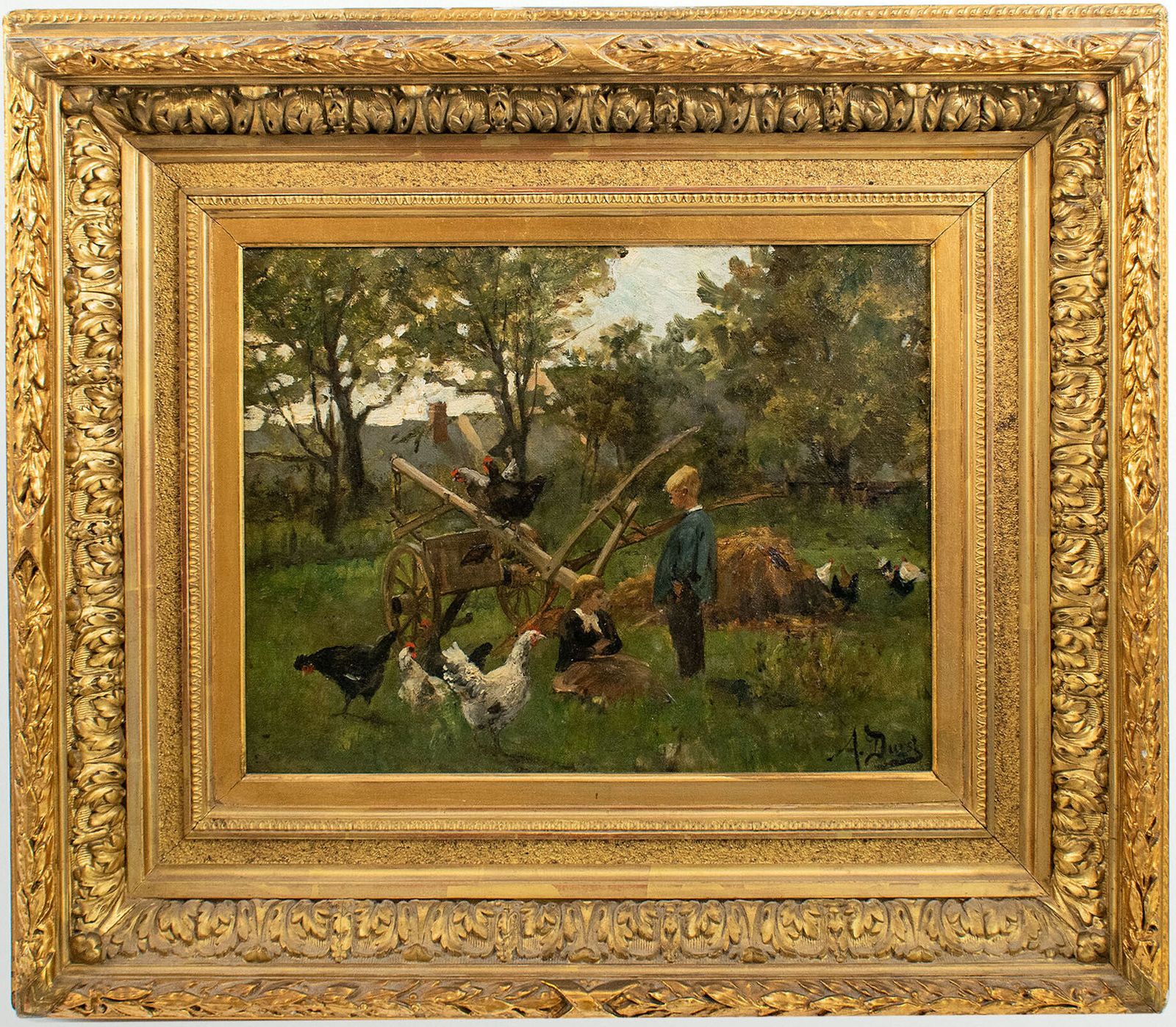 Auguste Durst (1842 1930). Child Playing Among Chickens. Oil On Canvas, Signed.